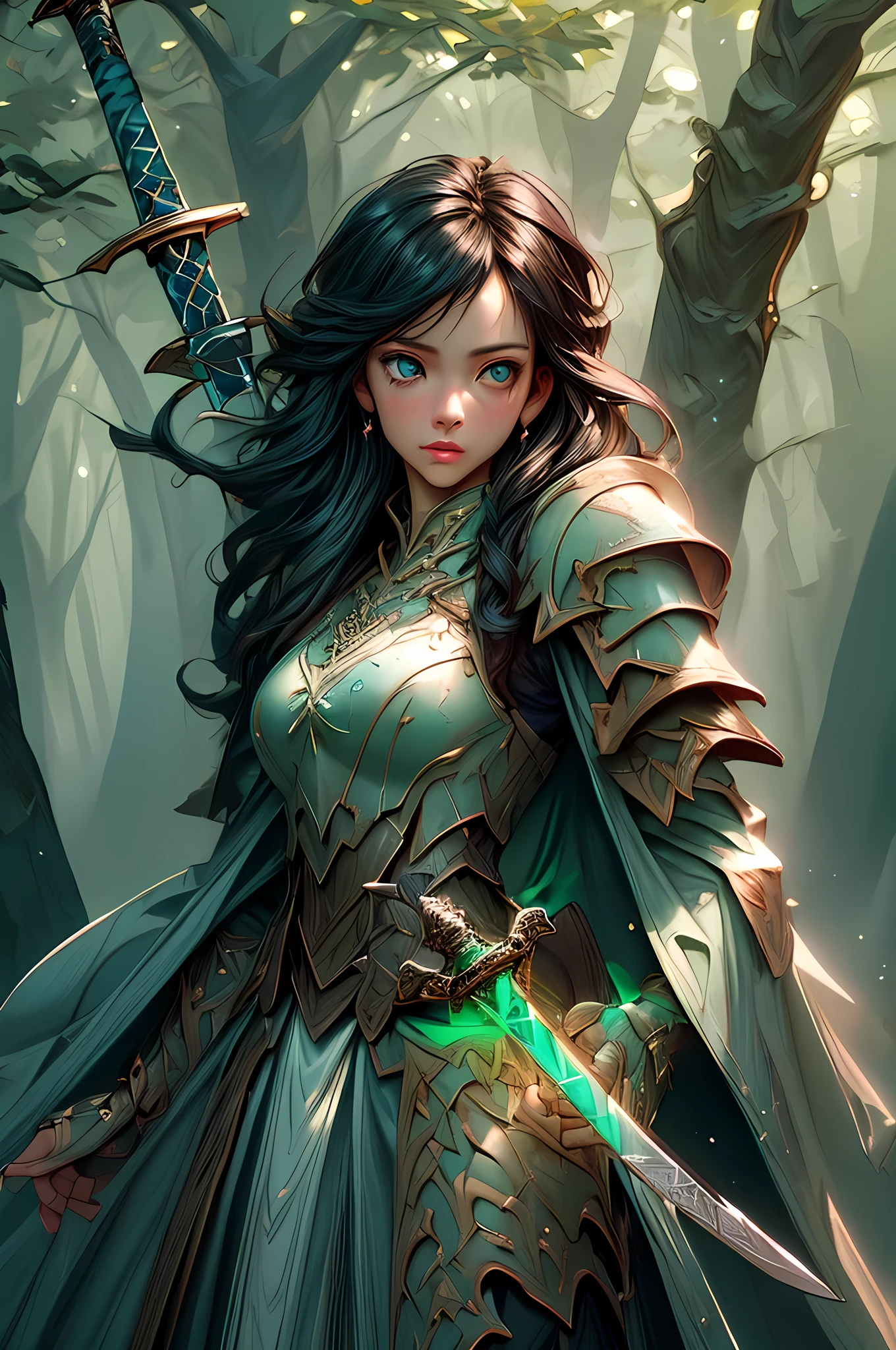 a picture of woman paladin of nature protecting the forest, a woman knight, black hair, long hair, full body (best details, Masterpiece, best quality :1.5), ultra detailed face (best details, Masterpiece, best quality :1.5), ultra feminine (best details, Masterpiece, best quality :1.5), (black hair: 1.2), long hair, braided hair, pale skin, (deep blue: 1.2) eyes, intense eyes, wearying heavy armor, (white armor: 1.2)  (best details, Masterpiece, best quality :1.5), (green cloak: 1.2) , armed with a sword, glowing sword GlowingRunes_yellow, fantasy forest background, D&D art, RPG art, magical atmosphere magic-fantasy-forest, ultra best realistic, best details, best quality, 16k, [ultra detailed], masterpiece, best quality, (extremely detailed), ultra wide shot, photorealism, depth of field, hyper realistic painting