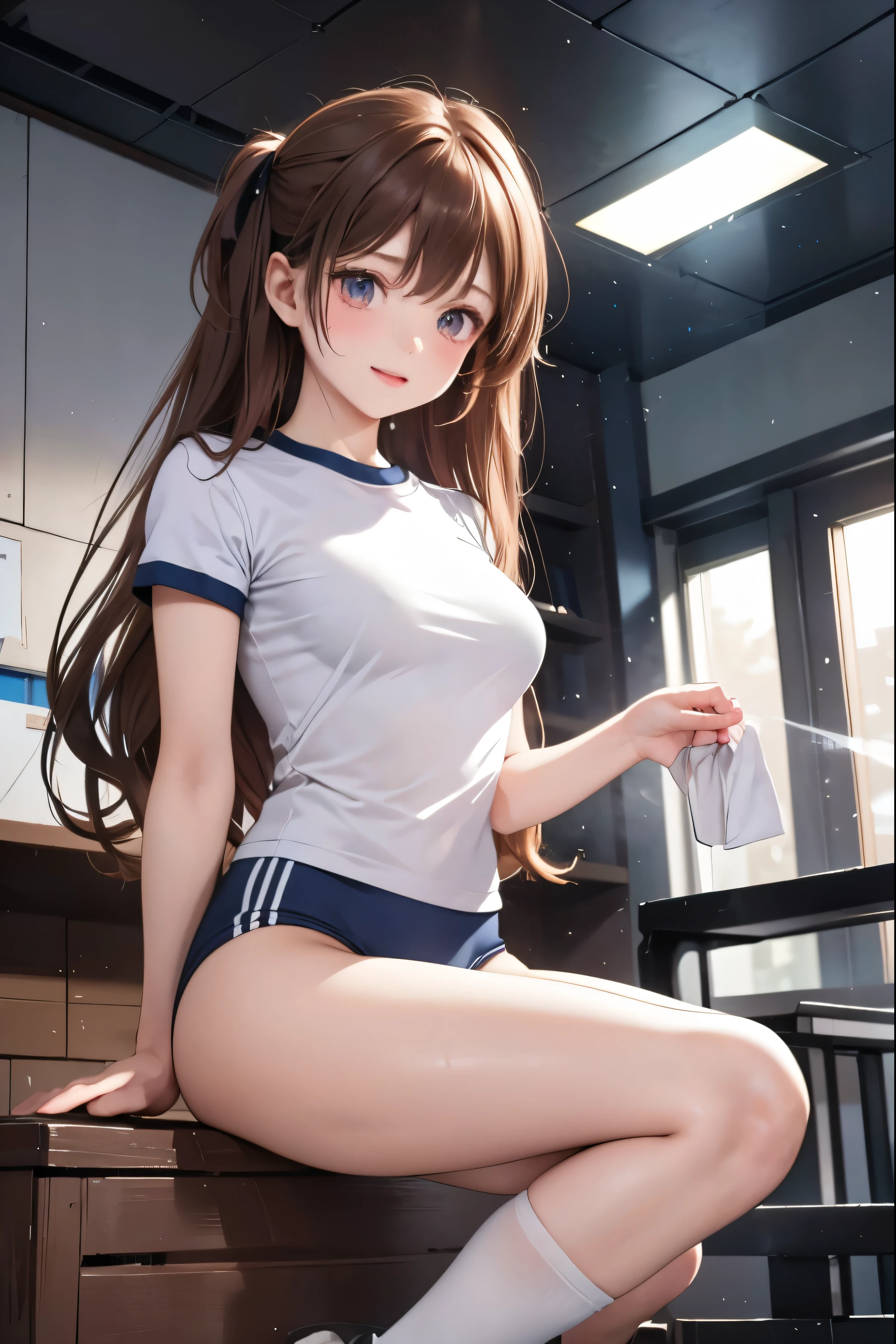 masterpiece, Ultra-fine Illustration, highest quality, Particles of light, Very detailed, 8k wallpaper, (Bright colors:1.2), 22 years old, Shiny skin, smile, A captivating smile, The top is a large white gym suit、Black Bloomers、high school girl、Gym suit、Shorts、Super cute、Extremely beautiful、The figure is a little sexy、Knee-high socks、Thigh-high socks、Red sneakers、Brown Hair、chest size small、Sweating profusely all over the body、A lot of sweat and light on the thighs、Shiny thighs、Plenty of sweat glistening on the thighs、A large amount of sweat glistens on my thighs、Sweating profusely、Alluring expression、Dark closed door background、Slender body、Are standing、Thighs are glamorous、sit on a vaulting box、night、Behind the gym、Jumping over the vaulting box、