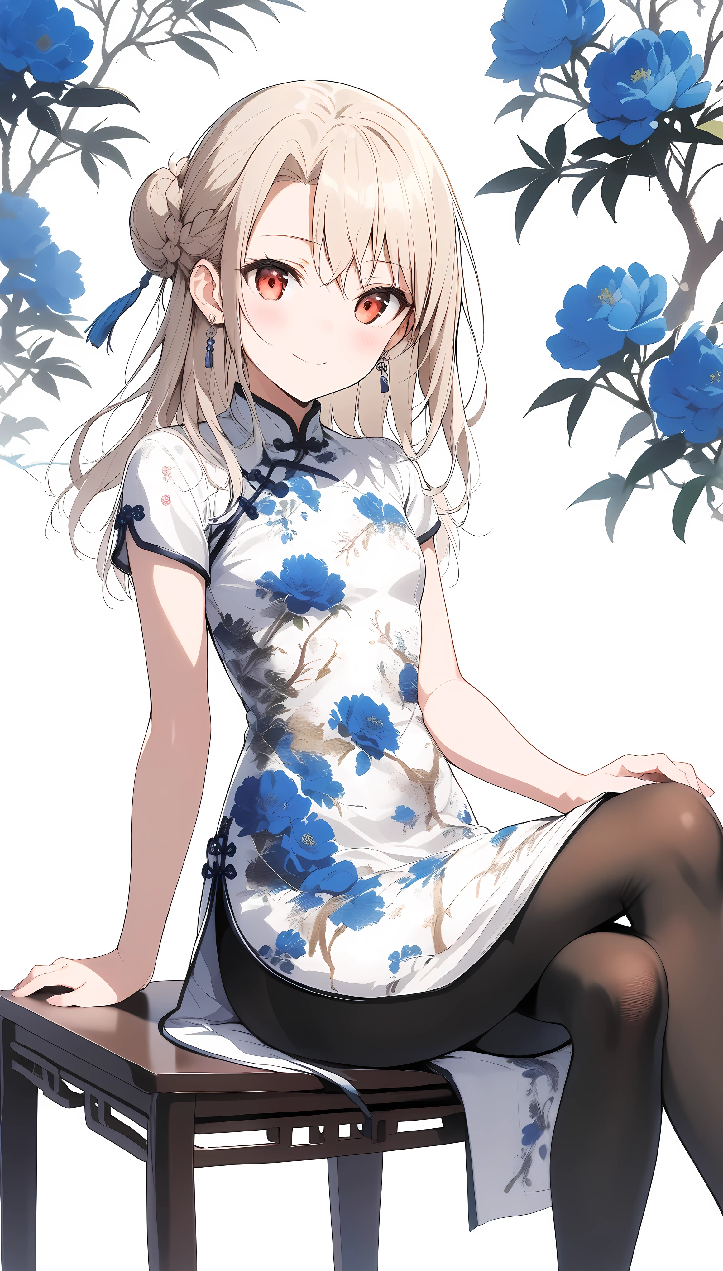 qipao,1girl,(illyasviel von einzbern),red_eyes,cream hair,(french braid),smile,blue flower,breasts,china dress,chinese clothes,dress,earrings,floral print,cloth shoes,folding fan,paper fan,sitting,crossed legs,long hair,looking at viewer,pantyhose,print dress,simple background,smile,solo,white background