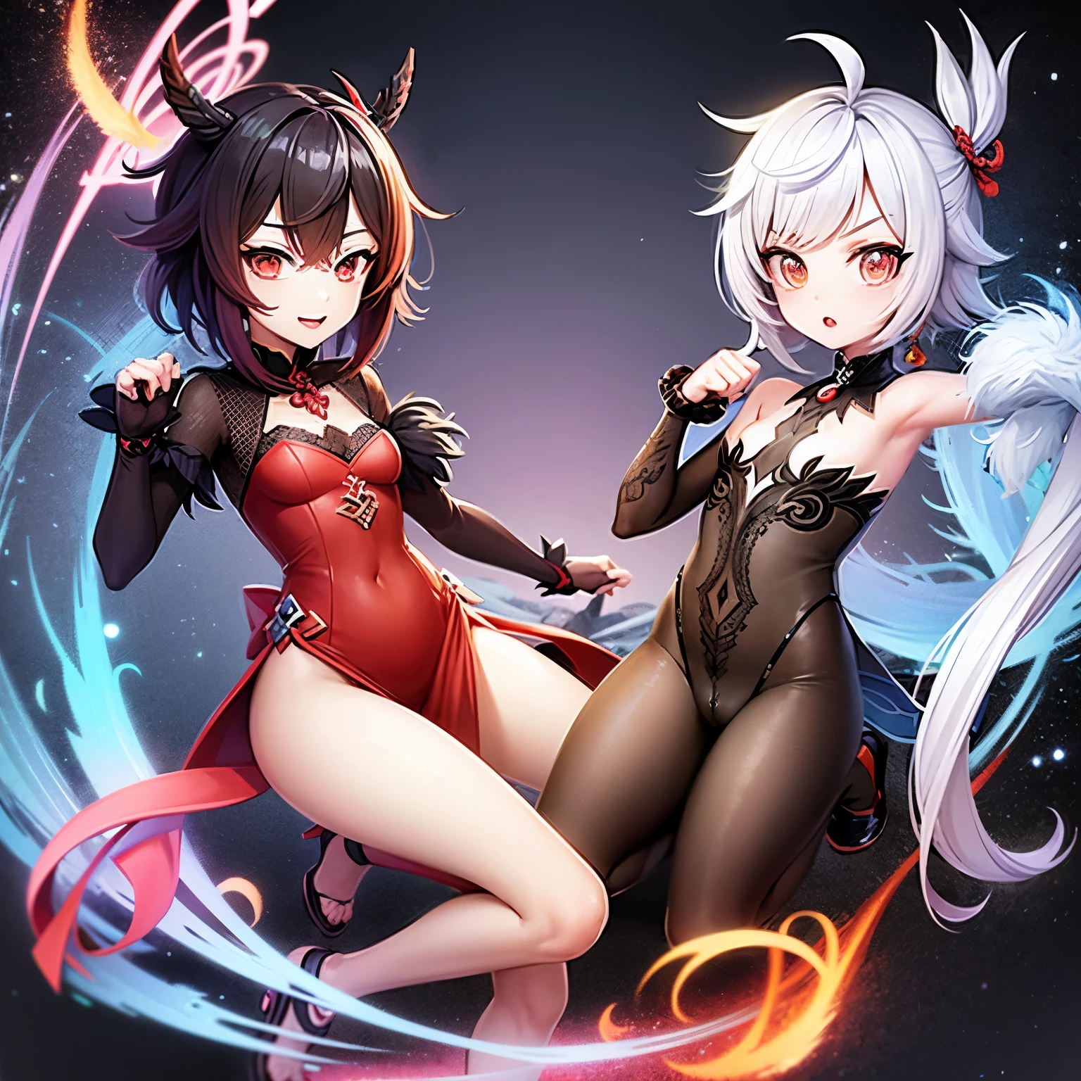 Dans le style du jeu genshin impact, fait moi le personnage hu tao, toute nue et vue de face