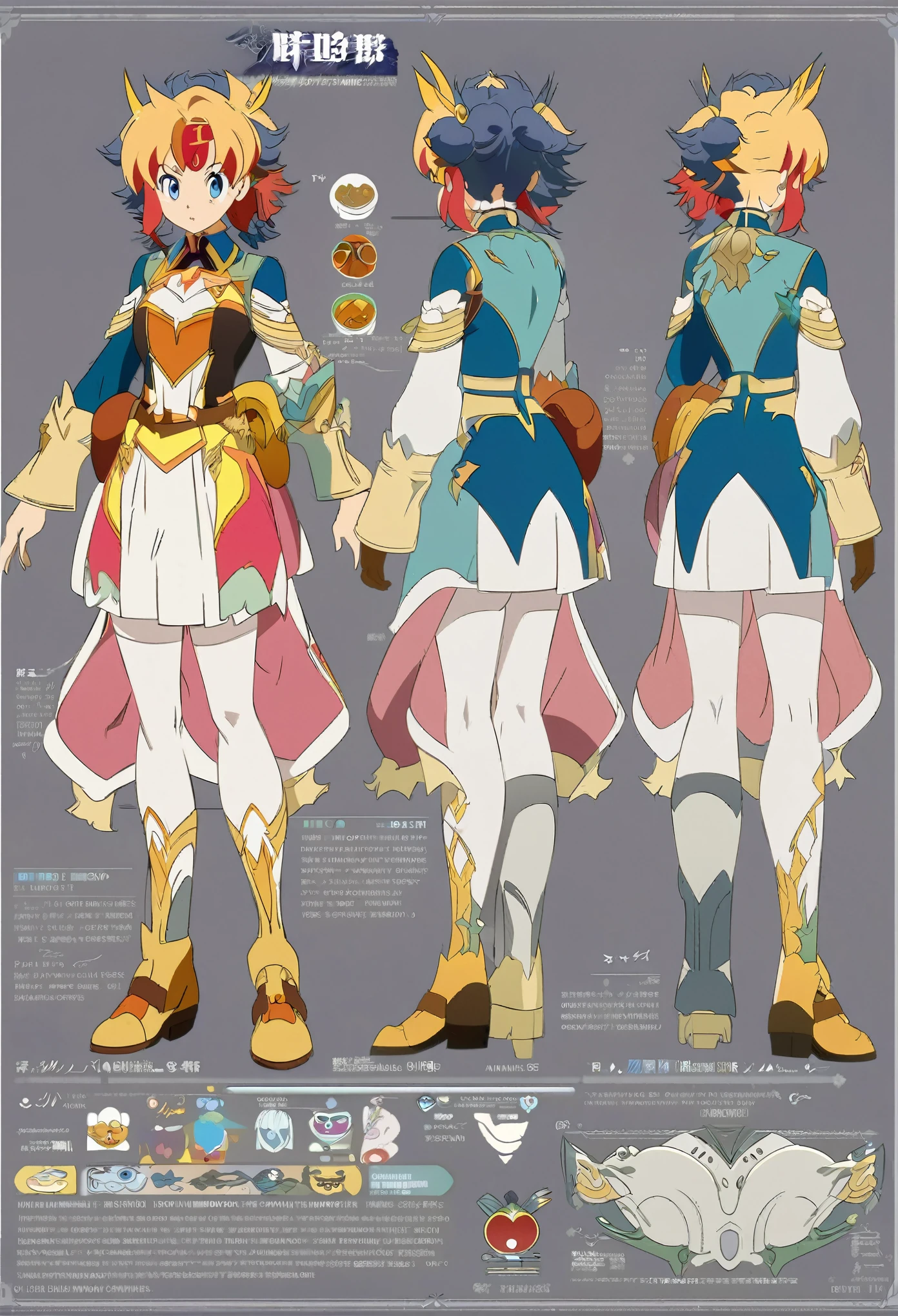 anime - style image of a character with a variety of hair and accessories, anime set style, anime character reference sheet, fantasy uniform, flat anime style, anime full body illustration, full_body!!, complete detailed body, extra detailed body, anime vtuber full body model, soft anime illustration, anime style character, clean detailed anime style,