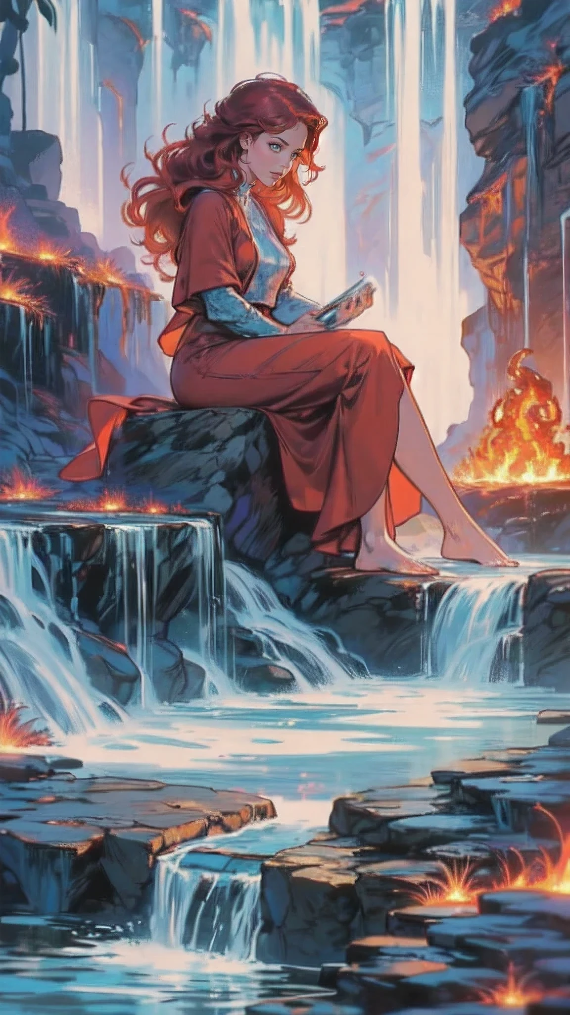 fantasy art, photorealistic, D&D art, a picture of a female monk sitting and meditating near a waterfall, at the base of the waterfall,  there is a human woman monk wearing monk garbs, meditating near a bonfire near an (epic sized waterfall: 1.3), red hair, long hair, full body (best details, Masterpiece, best quality :1.5), ultra detailed face (best details, Masterpiece, best quality :1.5), ultra feminine (best details, Masterpiece, best quality :1.5), exquisite beautiful (best details, Masterpiece, best quality :1.5) red hair, long hair, wavy hair, pale skin, blue eyes, intense eyes, water coming down from a volcanic cliff, multi level water falls, several pools created in different levels, forming new waterfalls, water cascading into a (large lava pool: 1.3) steam rising, clear water in many hues of blue and azure falling, ultra best realistic, best details, best quality, 16k, [ultra detailed], masterpiece, best quality, (extremely detailed), ultra wide shot, photorealism, depth of field, hyper realistic painting, magv1ll
