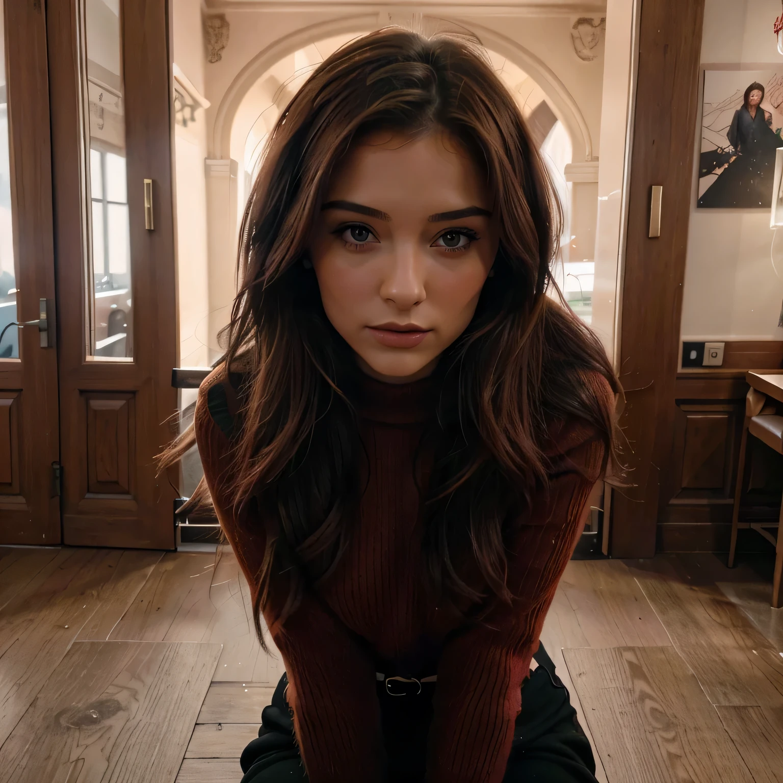 Image 8k maximum quality realism A beautiful very dark woman with light brown eyes with red lipstick where her hair is straight she wears a pink sweater in the city of Paris where she is at the Eifel Tower