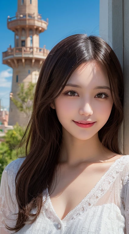 masutepiece, Best Quality, Illustration, Ultra-detailed, finely detail, hight resolution, 8K Wallpaper, Perfect dynamic composition, Beautiful detailed eyes, doress,Medium Hair, mid-chest, Natural Color Lip, Random and sexy poses,Smile,Tower Mansion