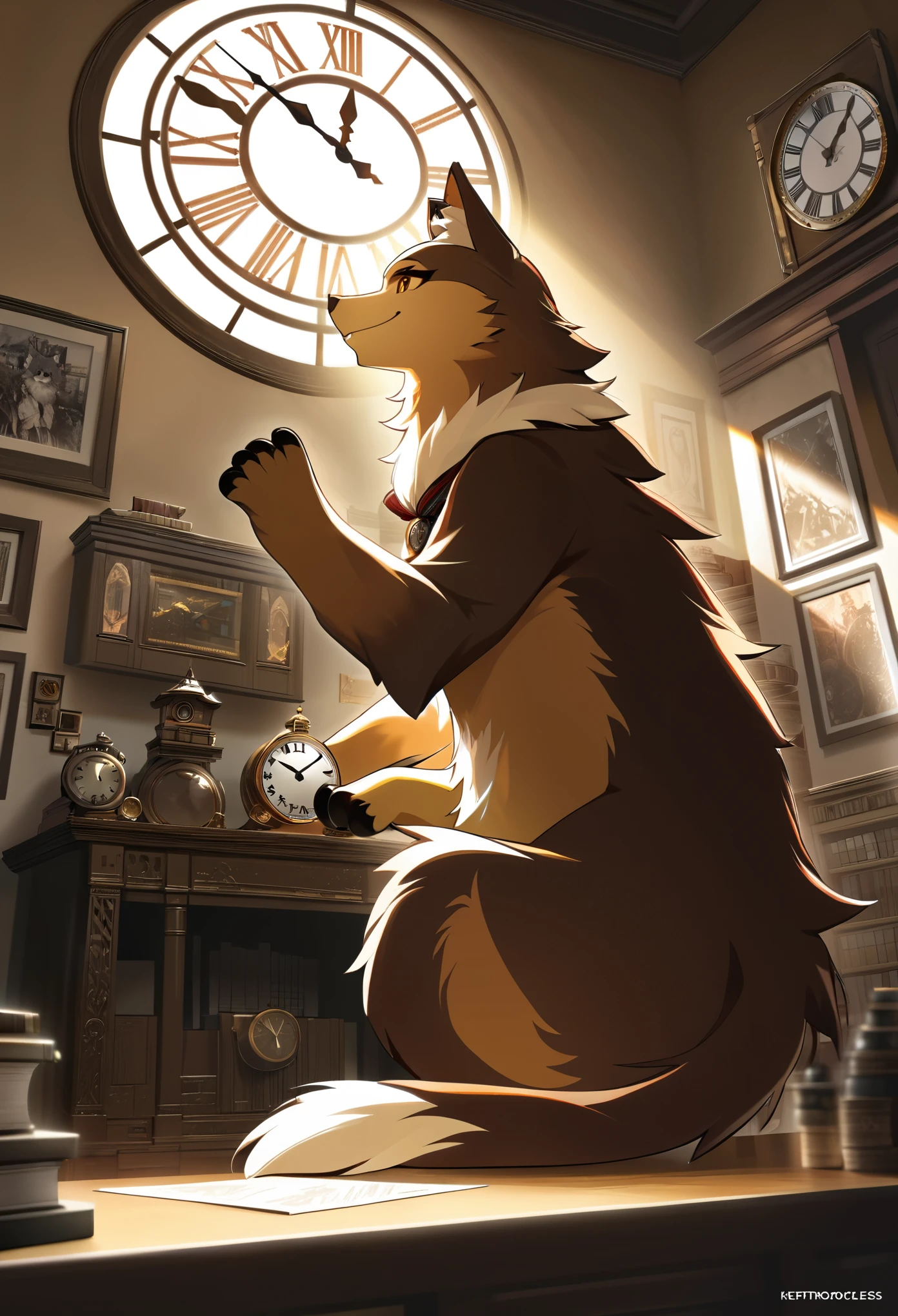 cover page, highres, top quality, best quality, paid reward available, unparalleled masterpiece, perfect artwork, absurdres, High-quality illustrations, super high resolution, detailed background, perfect anatomy(1girl, kemono, furry anthro, fearless smile, reach for the clock) in room with clock, fantasy artwork, cinematic lighting, Backlight,
