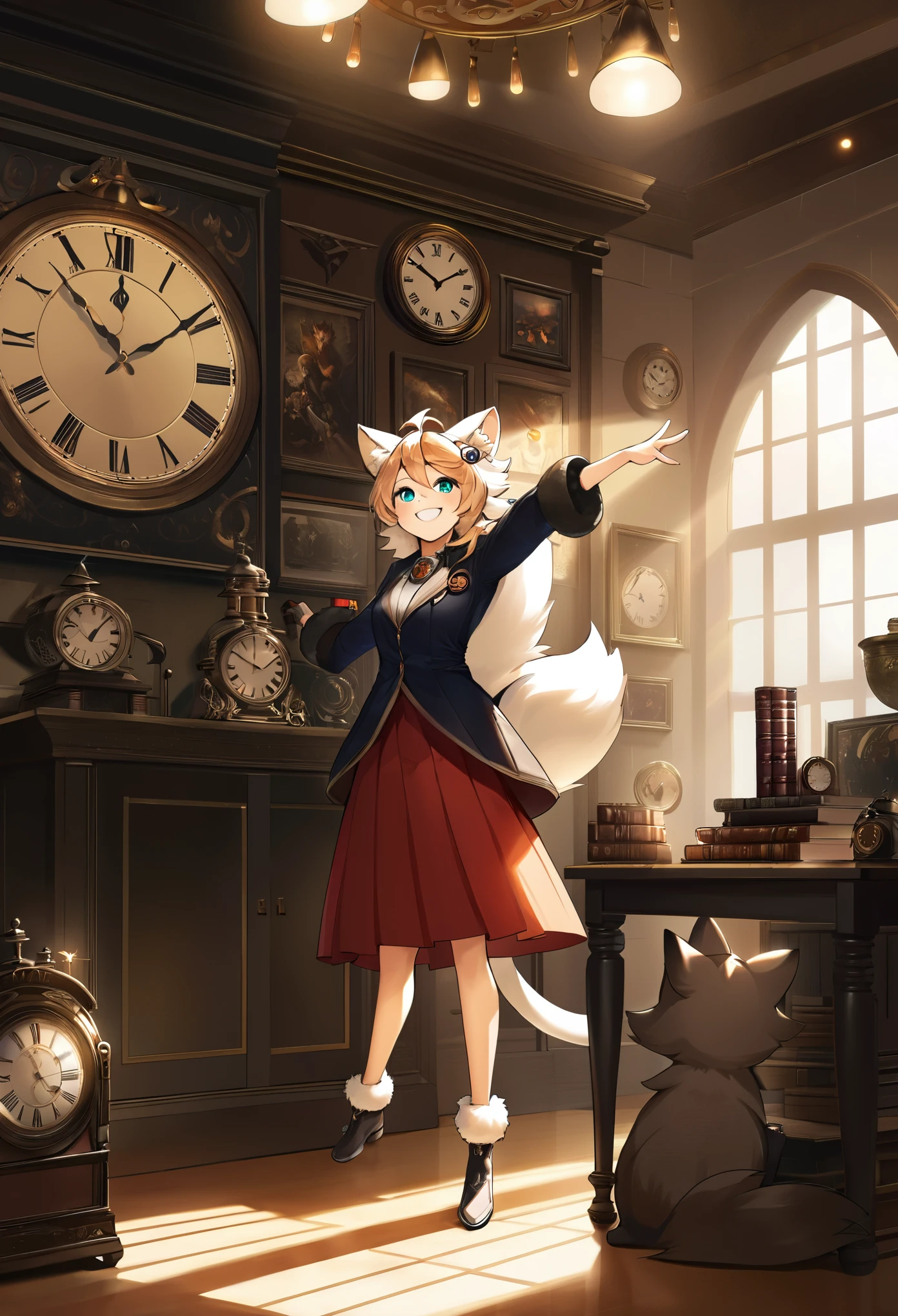 cover page, highres, top quality, best quality, paid reward available, unparalleled masterpiece, perfect artwork, absurdres, High-quality illustrations, super high resolution, detailed background, perfect anatomy(1girl, kemono, furry anthro, fearless smile, reach for the clock) in room with clock, fantasy artwork, cinematic lighting, Backlight,