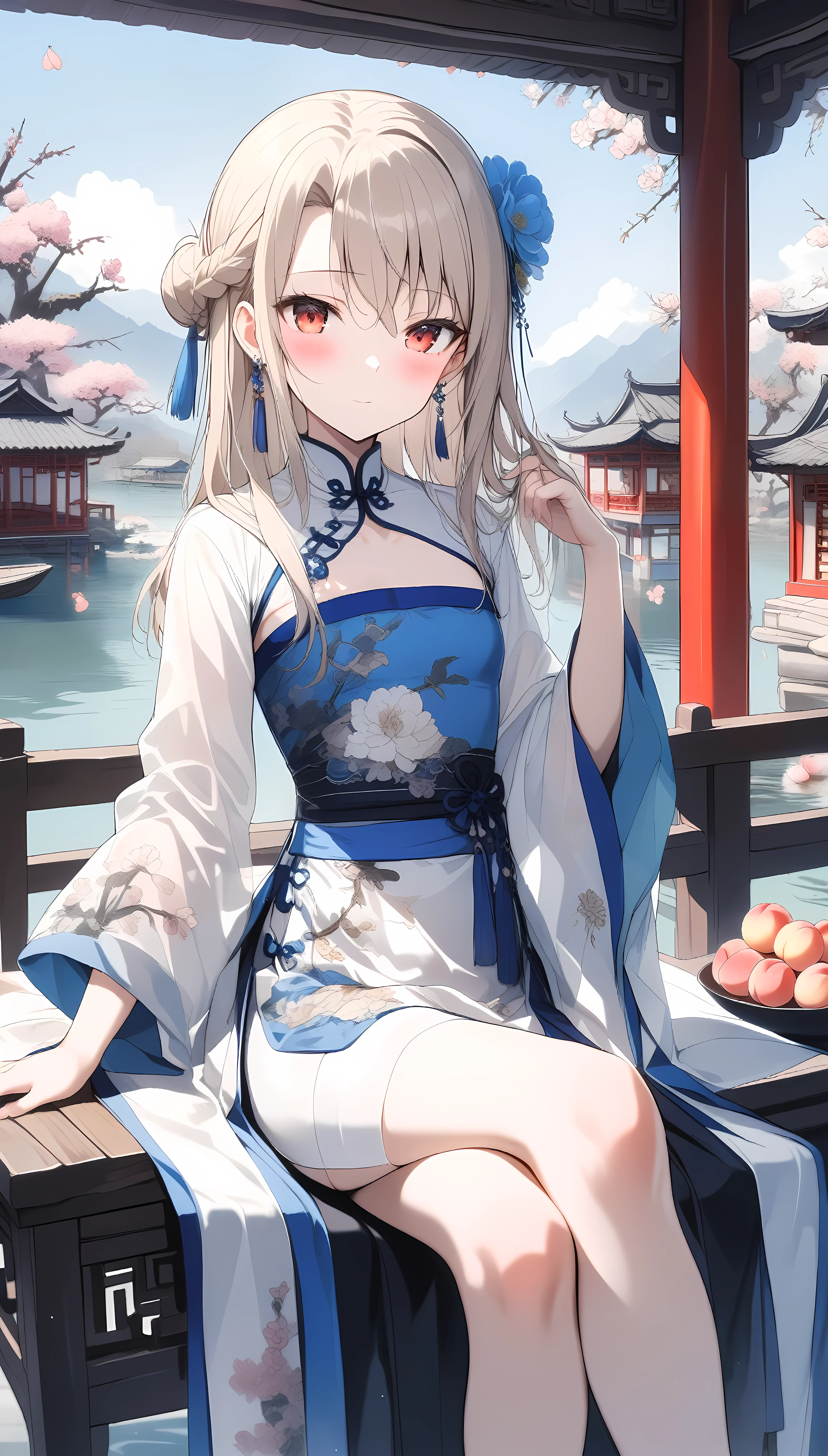 1girl,(illyasviel von einzbern),bangs,red_eyes,cream hair,(french braid),seductive smile,blush,blue_flower,beautiful detailed_background,small breasts,butterfly,(blue and white porcelain gorgeous hanfu, song style outfits),gold trim,short shan, pleated skirt, red songmo,overlapping collar,jewelry,earrings,mask,chain,face chain,((veil)),explicit,flower,general, hair_ornament,hanfu,hand on hair,((peach blossom)),jewelry,long_hair,crossed legs,looking_at_viewer,questionable,sensitive,solo,tassel,tassel_earrings,upper_body,(spring),Chinese style architecture, Chinese style, lake, ancient town, beautiful and meticulous water, (Fishing boat), pavilion,steam,Surrounding by falling peach blossoms petals, han style,