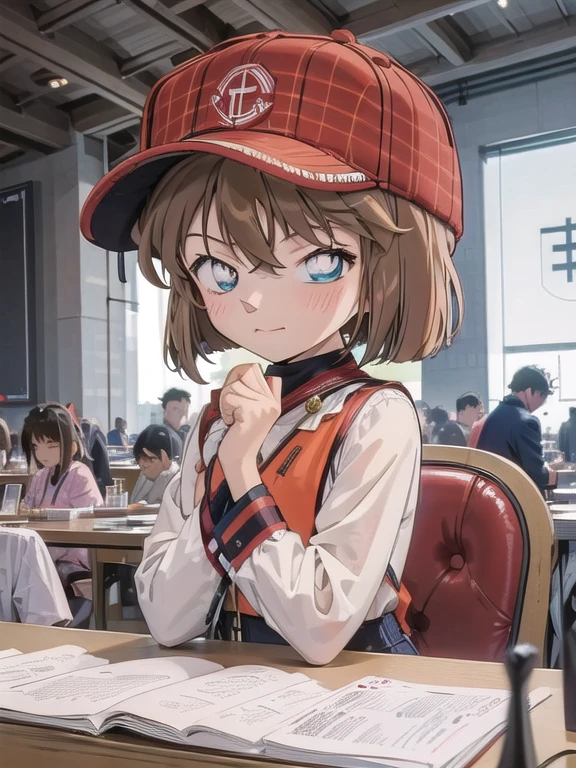 UHD, super detail, 1 Girl,10 years old, Haibara ai ,Brown Hair, Shortcuts, hat, mask,  (((comiket))), Tokyo Big Site, table, chair, book, indoors, photo background, indoors, wide shot,