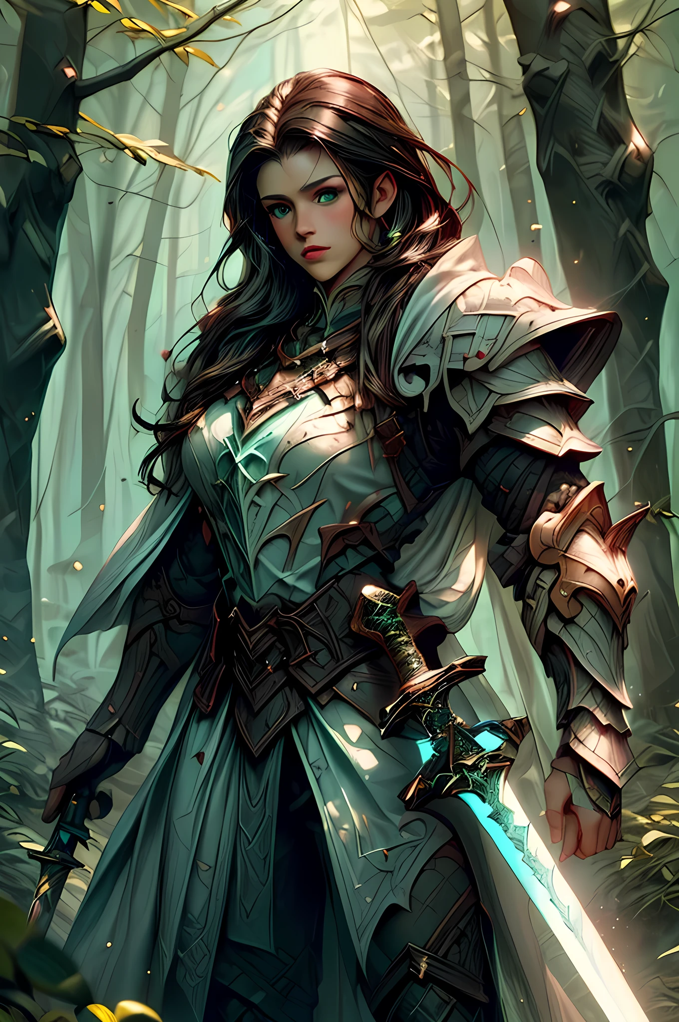 a picture of woman paladin of nature protecting the forest, a woman knight, black hair, long hair, full body (best details, Masterpiece, best quality :1.5), ultra detailed face (best details, Masterpiece, best quality :1.5), ultra feminine (best details, Masterpiece, best quality :1.5), (black hair: 1.2), long hair, braided hair, pale skin, (deep blue: 1.2) eyes, intense eyes, wearying heavy armor, (white armor: 1.2)  (best details, Masterpiece, best quality :1.5), (green cloak: 1.2) , armed with a sword, glowing sword GlowingRunes_yellow, fantasy forest background, D&D art, RPG art, magical atmosphere magic-fantasy-forest, ultra best realistic, best details, best quality, 16k, [ultra detailed], masterpiece, best quality, (extremely detailed), ultra wide shot, photorealism, depth of field, hyper realistic painting