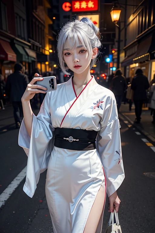 、woman、whole body、Evil Face, Red eyes, Iris,Silver Hair、City of night、White kimono、Short Bob、Belly button、Looking at smartphone
