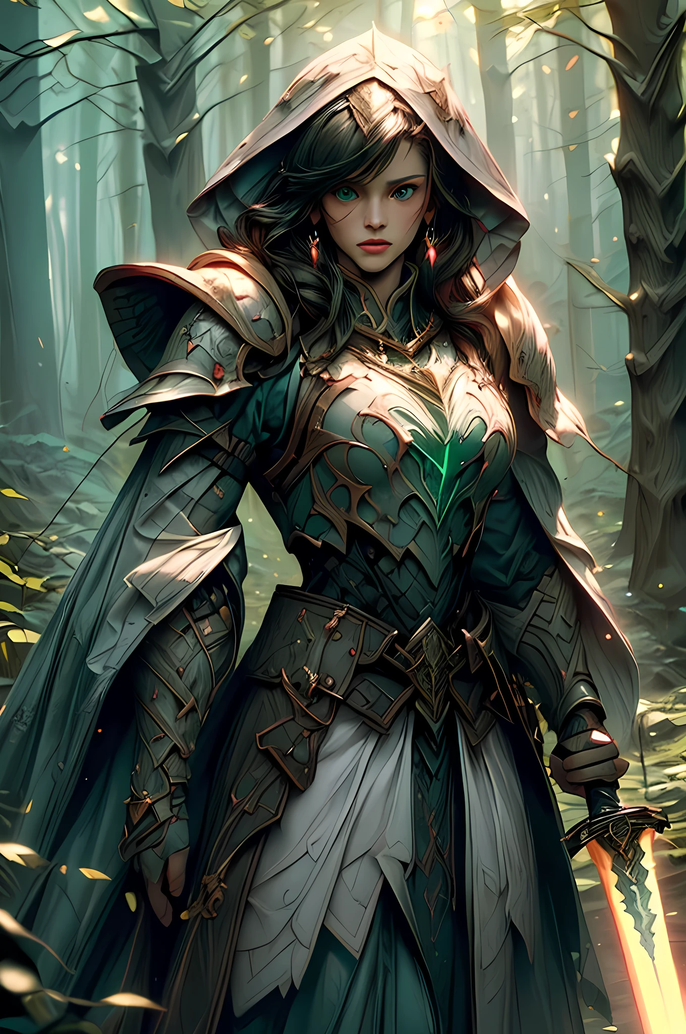 a picture of woman paladin of nature protecting the forest, a woman knight, black hair, long hair, full body (best details, Masterpiece, best quality :1.5), ultra detailed face (best details, Masterpiece, best quality :1.5), ultra feminine (best details, Masterpiece, best quality :1.5), (black hair: 1.2), long hair, braided hair, pale skin, (deep blue: 1.2) eyes, intense eyes, wearying heavy armor, (white armor: 1.2)  (best details, Masterpiece, best quality :1.5), (green cloak: 1.2) , armed with a sword, glowing sword GlowingRunes_yellow, fantasy forest background, D&D art, RPG art, magical atmosphere magic-fantasy-forest, ultra best realistic, best details, best quality, 16k, [ultra detailed], masterpiece, best quality, (extremely detailed), ultra wide shot, photorealism, depth of field, hyper realistic painting