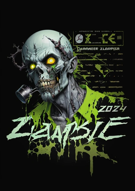 DreamShaper, a close up of a zombie with a green head and yellow eyes, zombie coffee logo, zombie, zombie's, zombie with white eyes, zombie drinking coffee logo, cyborg zombie, official art, evil zombie, zombie everywhere, zombie cyborg, zombies , heavy metal t-shirt design, zombie face, album art, hauntingly beautiful zombie, by Robert Zünd