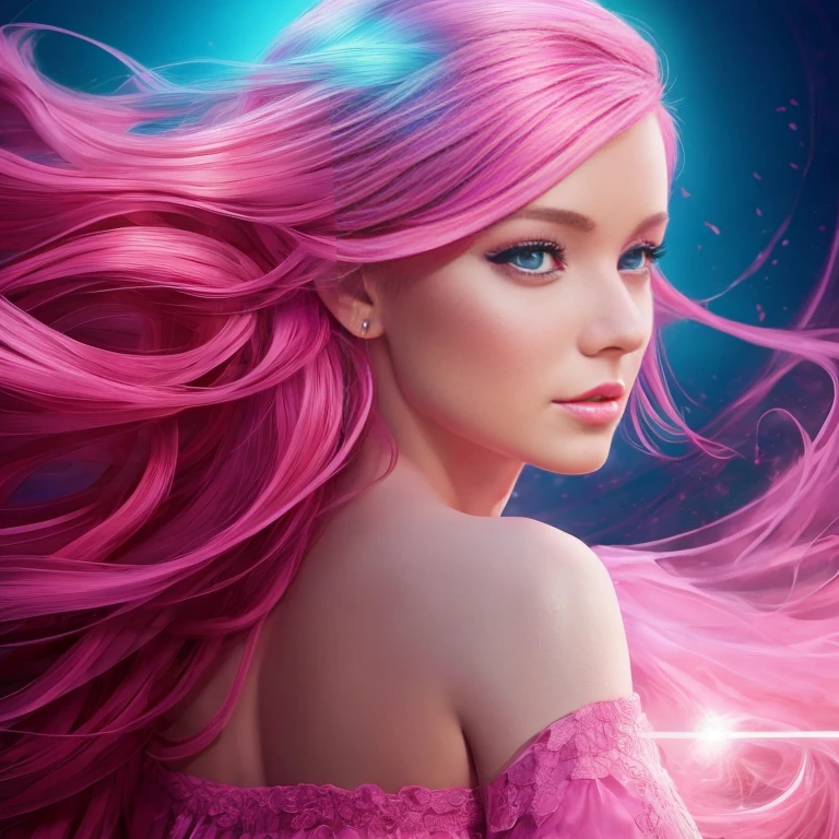 a woman with pink hair and a pink dress is posing, rosto rosa brilhante, stunning digital illustration, linda arte digitalwork, magenta lighting. fantasia, pintura digital brilhante, linda arte digital, Arte digital detalhada em 4k, beautiful digital illustration, Arte digital altamente detalhada em 4k, linda arte digital, arte digital realista 4k, arte digital realista 4k, digital art with airbrush