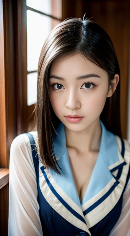 (((32ｋ,High detail,High definition、masterpiece,Attention to detail,Whole Body Ezbian,solo))),RAW Photos & Realistic atmosphere,美しい濃いblue eyes,Mouth details,Glossy Lips,Fine eyebrows,With soft white skin that shines in every detail、Detailed eyes、blue eyes,Very beautiful eyes,Detailed lips、Very beautiful face,Very well-formed face、A vivid face,Beautiful, shining lips, Realistic Young Gravure Idol, Very beautiful school girl, , Young Sensual Gravure Idol, Young Gravure Idol, Beautiful and cute adult１6 years old ,My whole body is wet,Dripping,Blushing,Very beautiful, Sexy and classy１6 years oldの女の子,Medium-long brown shiny hair,Wet hair,Dripping水,Dripping,(Looking at the camera：1.4）,（darkness,Very dark,Use a flashlight to illuminate an object in a dark classroom：1.7）,（Sexy,Healthy and toned body,High Detail High Vision High Vision Japan HDTV Black HDTV High Vision Black High Vision Black High Vision High Vision Black High Vision High Vision Uniform,well-shaped chest of medium size,,,Mature Body, I&#39;m so anxious I feel like crying,Watery eyes,Cold Smile,Glare,Glare顔も美しい,High Resolution Arm,,High Resolution Finger,：1.5）,（The chest of the uniform is open,Wearing a classy  uniform in black and red、黒のパンストとSexy脚を身につけて、She is standing upright, shyly lifting her skirt.：1.7）