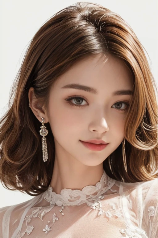 highest quality, Very detailed, masterpiece, 1 person,woman,(((完璧なwomanの体))),Very beautiful face, Very beautiful body,Gentle expression, Very beautiful eyes,(Perfect Makeup:1.1),Fashion Model,Curly Hair,Shaggy Hair,Fluorescent pink and blue hair:1.3, Very thin body,Smart Abs, Chiffon blouse,A kind smile,Upper body portrait,(White Background), (Shiny skin),(Earrings),