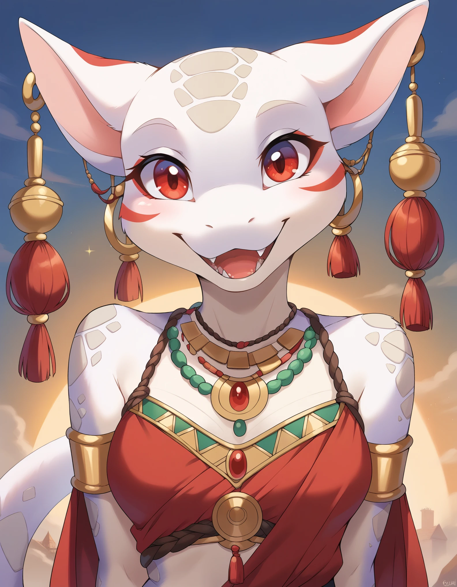 furry,anthro,solo,masterpiece,high detail,best shadow,8K,white lizard,crusch lulu,furry,scales body,female_focus,fantasy native clothing,front view,happy,smile,red eyes