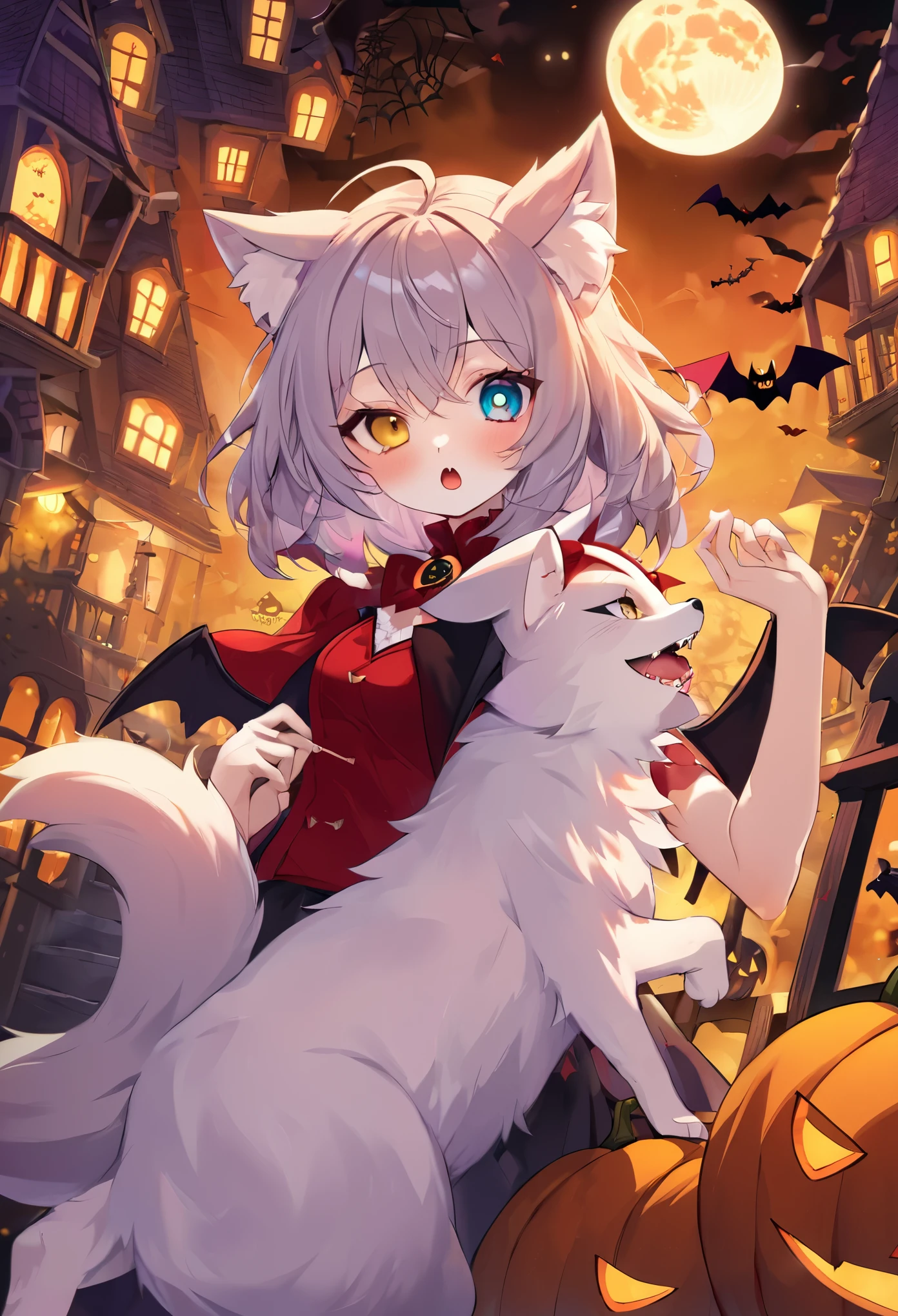 (epic, dynamic angle)top quality, best quality, High-quality illustrations, masterpiece, While creating a Halloween atmosphere, vampire with furry elements, (kemono, super cute girl, solo focus)(furry anthro)(highly detailed beautiful face and eyes)absurdres, perfect anatomy, Scene of a red full moon with a strong horror color,