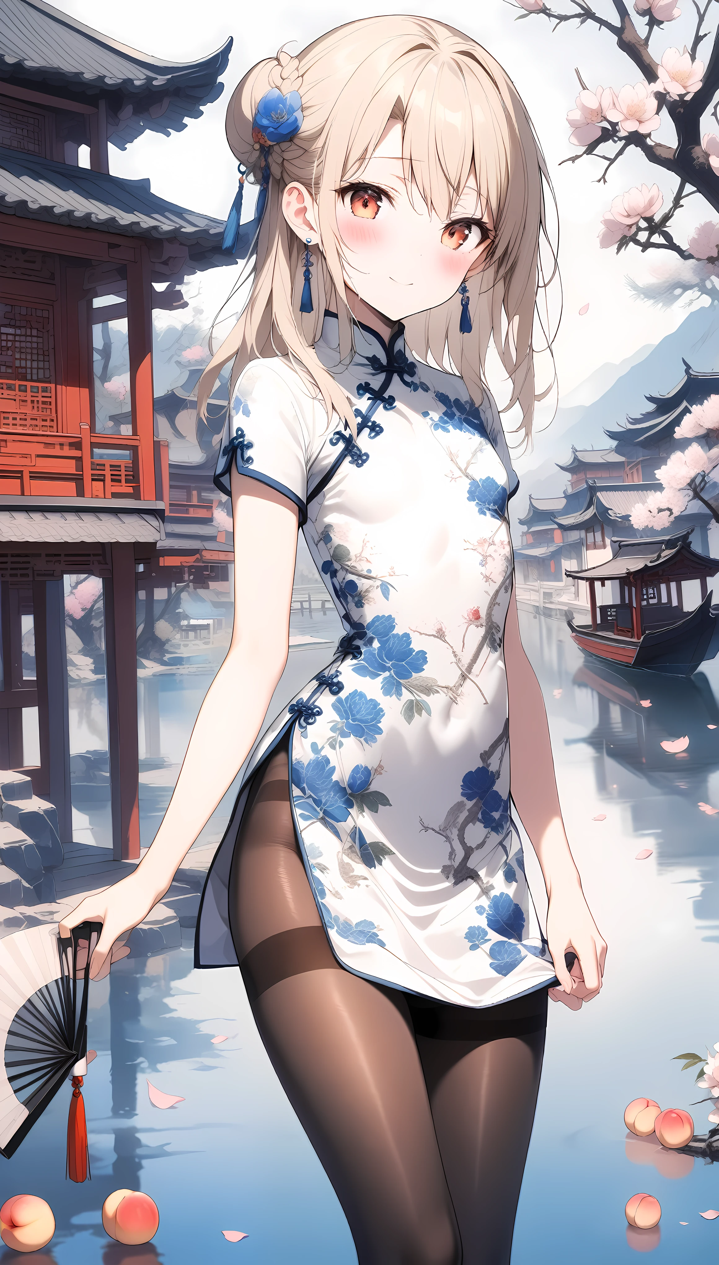 1girl,(illyasviel von einzbern),red_eyes,cream hair,(french braid),smile,blush,flower,beautiful detailed_background,small breasts,butterfly,((blue and white porcelain gorgeous qipao,china dress,chinese clothes,dress),gold trim,floral print,folding fan,jewelry,earrings,explicit,flower,general, hair_ornament,peach blossom,long_hair,looking_at_viewer,pantyhose,paper fan,print dress,solo,thighband pantyhose,questionable,sensitive,solo,tassel,tassel_earrings,(spring),Chinese style architecture, Chinese style, lake, ancient town, beautiful and meticulous water, (Fishing boat), pavilion,steam,Surrounding by falling peach blossoms petals,