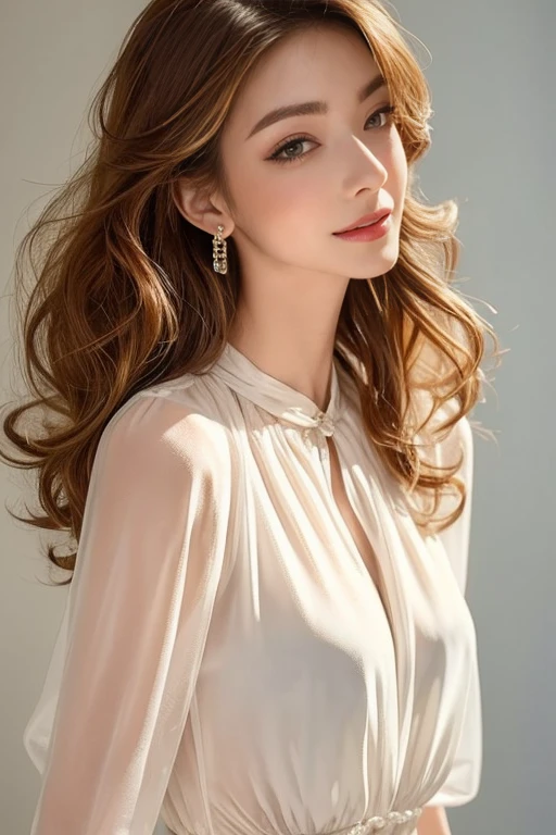 highest quality, Very detailed, masterpiece, 1 person,woman,(((完璧なwomanの体))),Very beautiful face, Very beautiful body,Gentle expression, Very beautiful eyes,(Perfect Makeup:1.1),Fashion Model,Curly Hair,Shaggy Hair,Candy-colored hair:1.3, Very thin body,Smart Abs, Chiffon blouse,A kind smile,Upper body portrait,(White background), (Shiny skin),(Earrings),