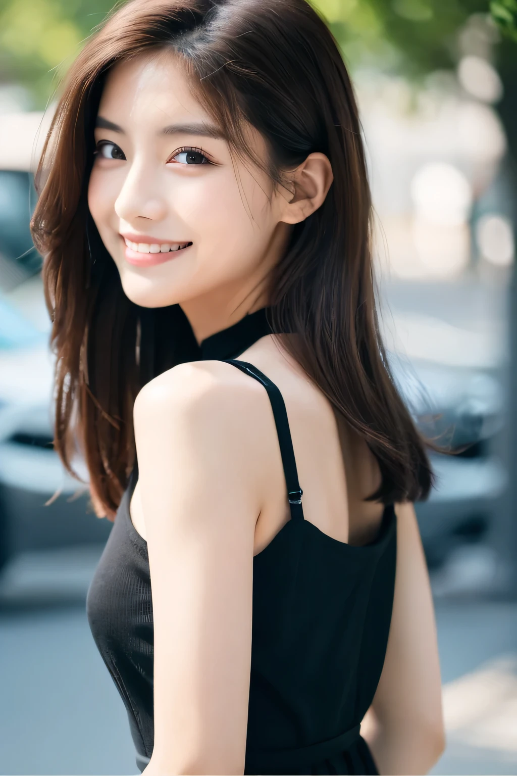 ((highest quality、8k、masterpiece:1.3))、One Girl、（（Bondage））、Laughter、Whole Body Ezbian、Slim face、Beautiful woman、(Dark brown hair)、Full-length dress:1.1、Ultra detailed face、Detailed eyes、double eyelid、Blurred Background、Slim face、city、Take-out、Street、profile,Black tight tank top,The background is a white wall