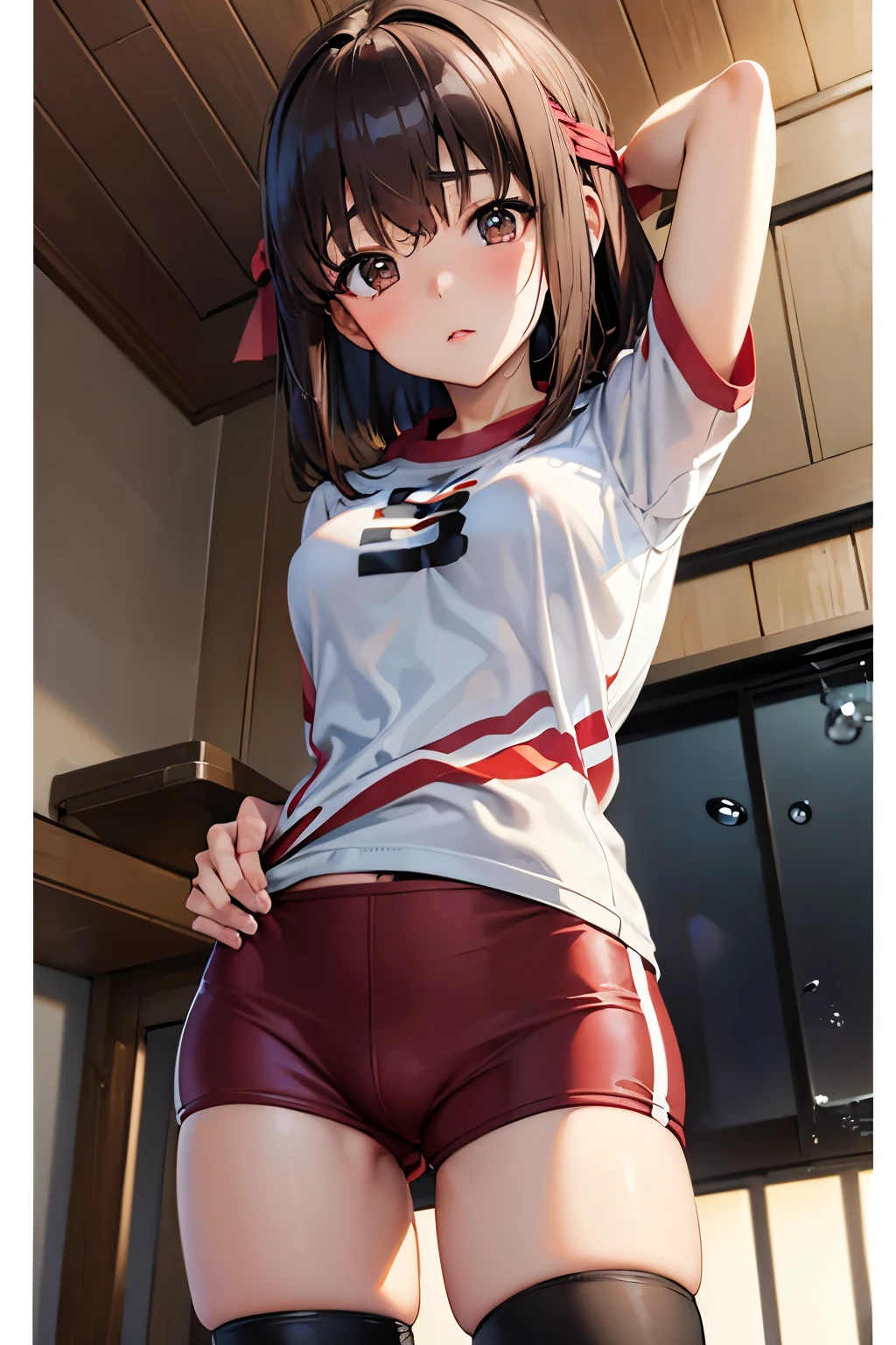 Taeko Kondo、Girls&Panzer、Brown Hair、Short Hair、((Short leggings))、Photo from below、Medium chest、Bedroom、(Gym clothes with short sleeves)、Red ribbon、((Black knee-high socks))、(The whole body gets wet)