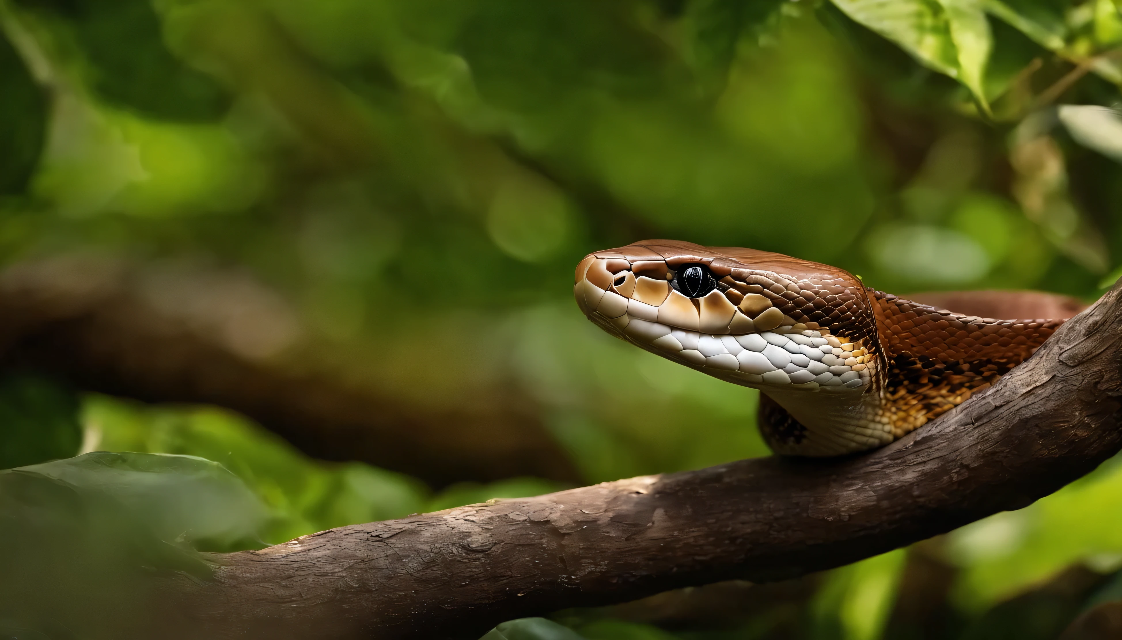 (melhor qualidade,Altas,parte mestre:1.2),ultra-detalhado,(realista,fotorrealista:1.37),cobra,bright brown color,fofo,adorable eyes,Face expressiva,Friendly smile,estilo cartunesco extravagante,anthropomorphic character,corpo curvo,playful tongue,scales with intricate patterns and textures,characteristic tongue of the blinking snake,curious and mischievous expression,Pose curled up in a tree branch,Fundo exuberante e vibrante da selva,sunlight filtering through the leaves of trees,soft, warm lighting,Faint shadows on the snake's body,flores coloridas e folhagens ao redor da cobra,borboletas voando ao redor,creating a sense of magic and wonder