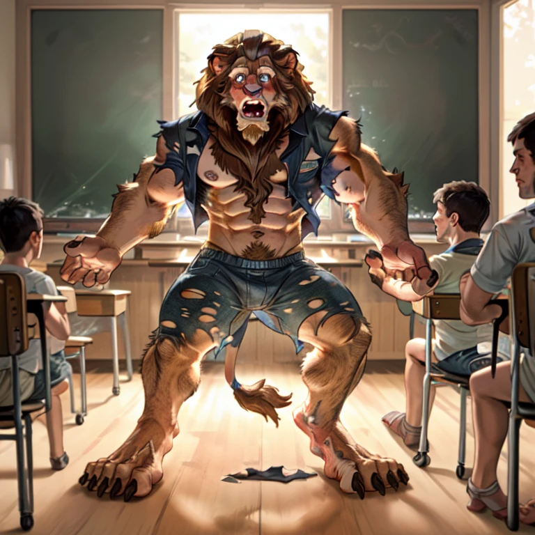 male, anthropomorphic, male, lion, lion tail, muscular, ripped clothes, handsome, ((human)), classroom, standing, surprised, looking at hand, (transforming), (human feet), (human hands), (mid transformation),