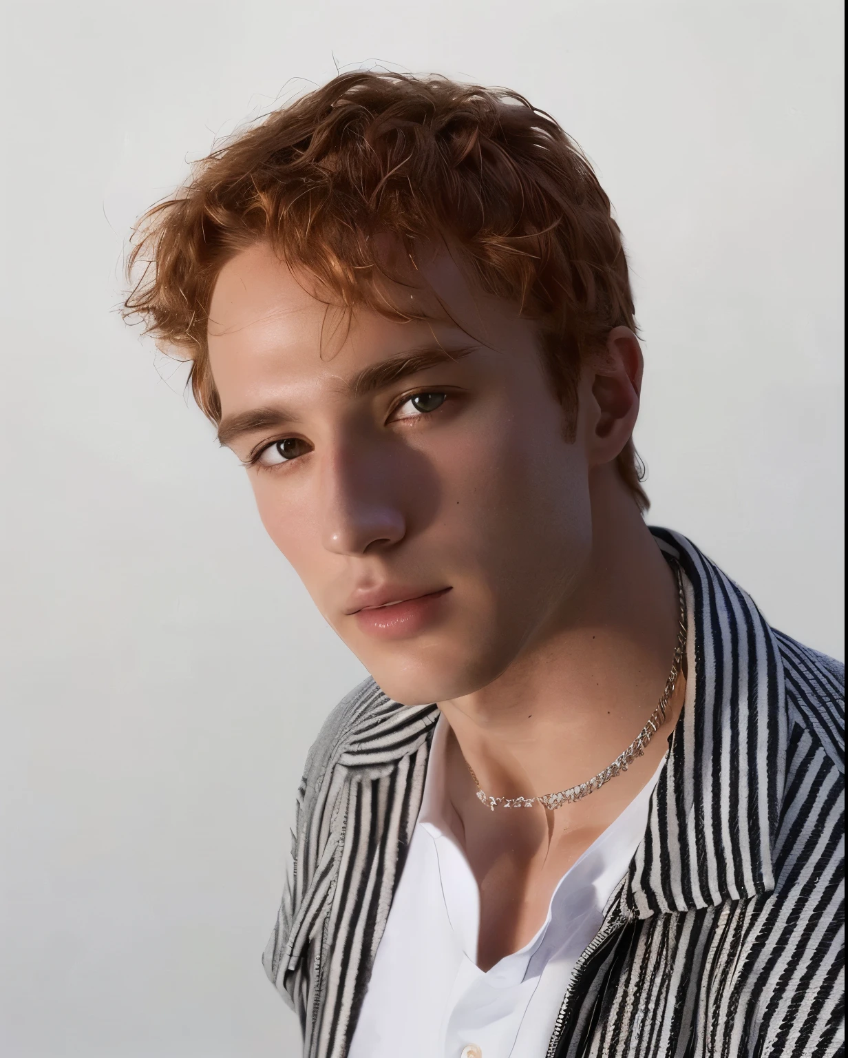 there is a man with a necklace on his neck posing for a picture, taken in the 2000s, taken in the late 2000s, taken in the mid 2000s, taken in the early 2020s, alex kiesling, headshot profile picture, drew starkey, curly ginger hair, ginger, curly thick hair, soft hair, shiny hair, curly hair