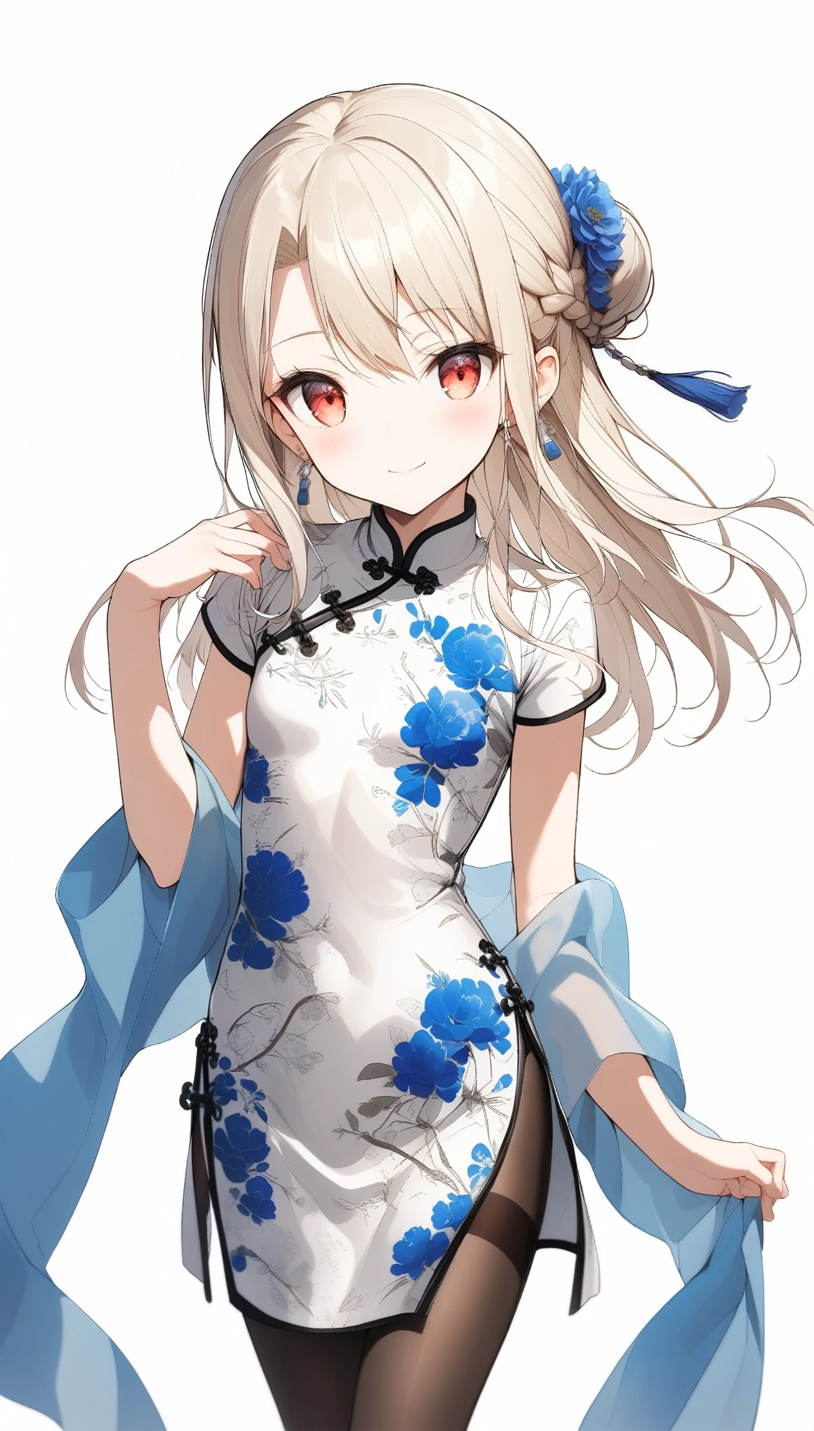 qipao,solo,1girl,(illyasviel von einzbern),red_eyes,cream hair,(french braid),smile,blue flower,breasts,china dress,chinese clothes,dress,shawl,earrings,floral print,hand up,long hair,looking at viewer,pantyhose,print dress,simple background,smile,solo,white background