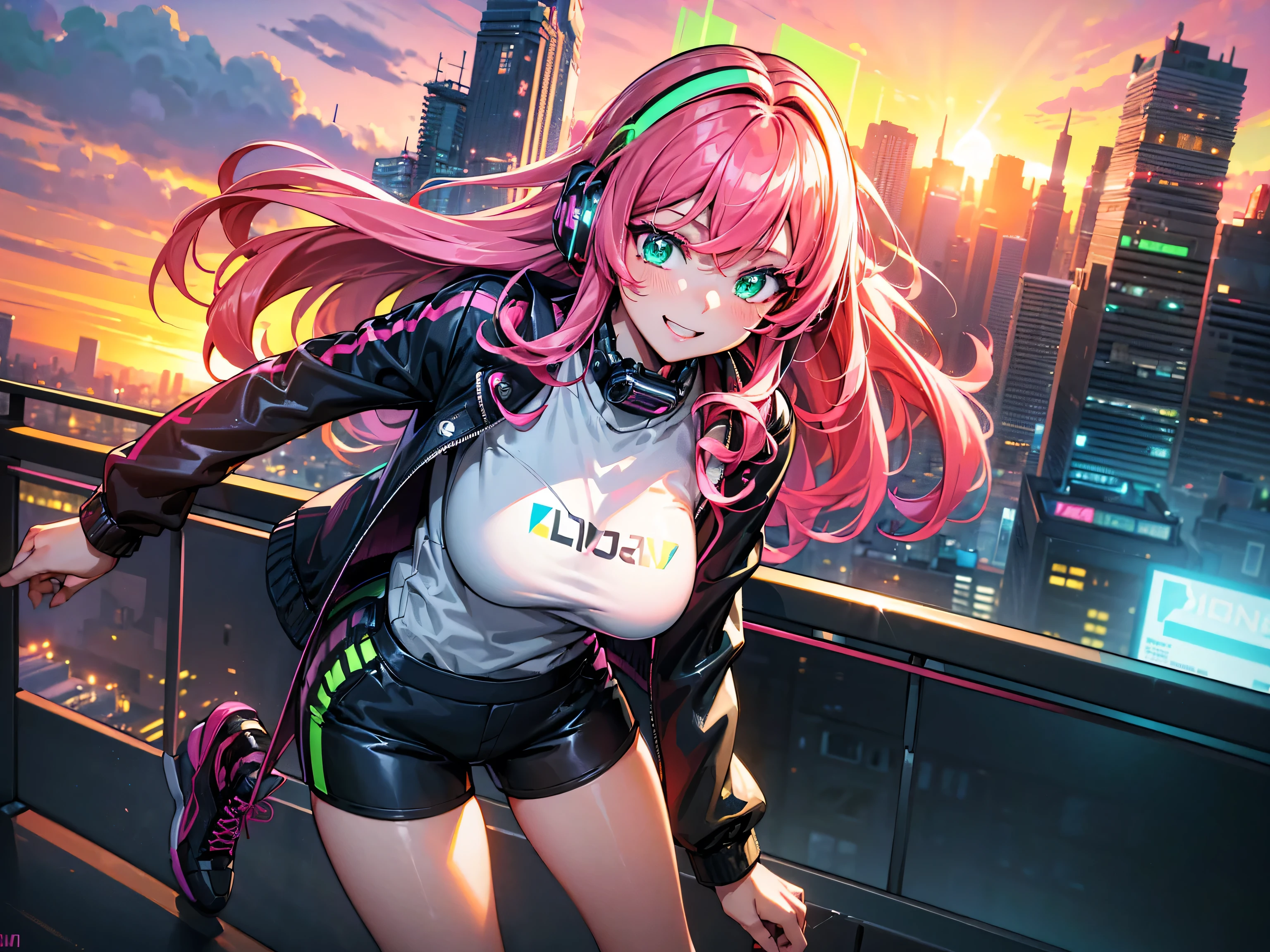 masterpiece:1.4, 1girl ((20year old, dressed in long sleeve shirt, tight black shorts, sneakers, medium breasts, multicolor pink hair, curly long hair, green eyes:1.4, Wearing headphones, happy, smiling, standing on a balcony:1.1 tall sci-fi buildings in background:1.1, neon and energetic atmosphere:1.2)) ((sunset)) (close up shot)) ((solo:1.6))