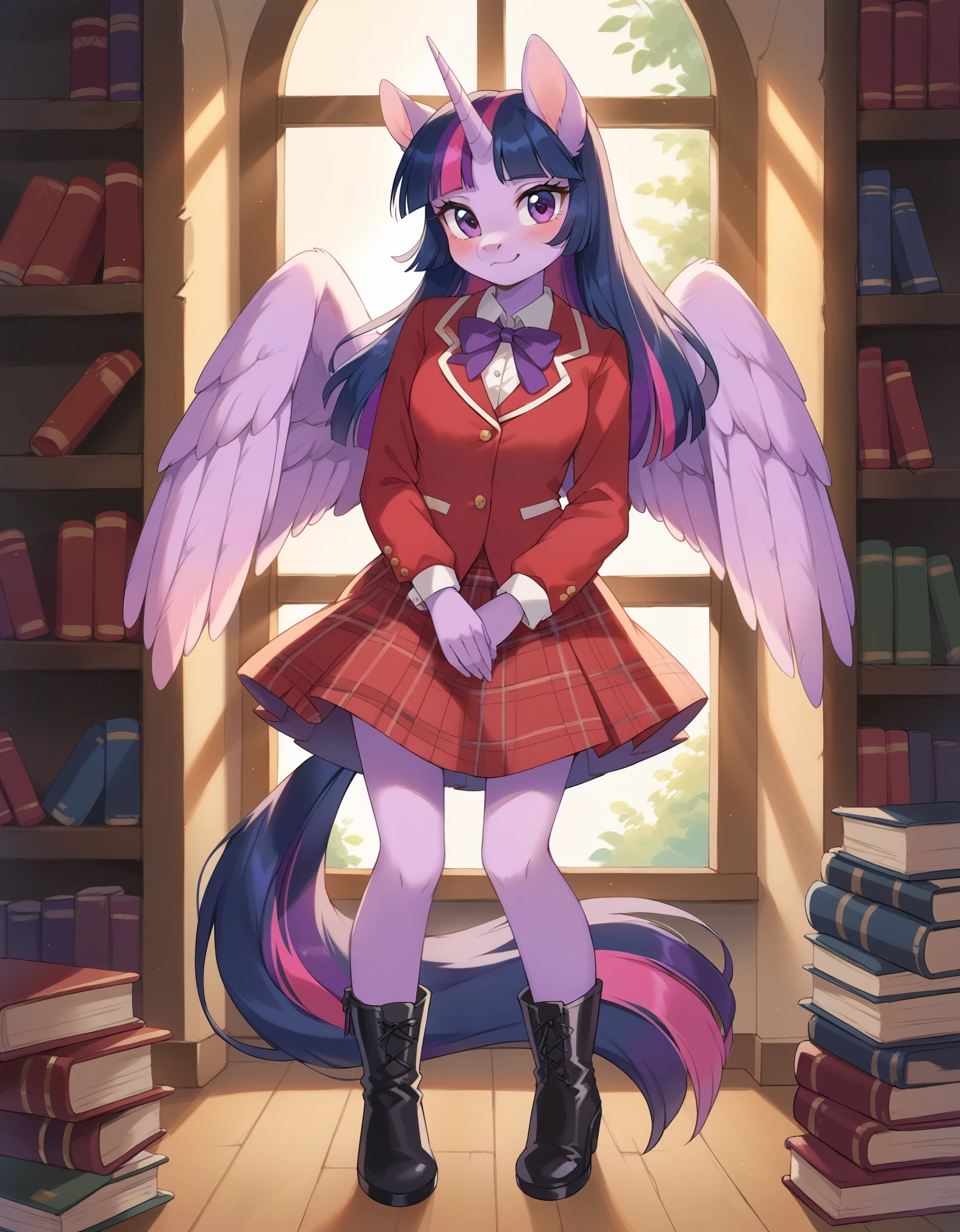 score_9, score_8_up, score_7_up, score_6_up, [twilight sparkle], ((masterpiece)), ((HD)), ((high res)), ((solo portrait)), ((full body)), ((front view)), ((feet visible)), ((furry; anthro horse)), ((detailed fur)), ((detailed shading)), ((beautiful render art)), {anthro female; (slim figure), light-purple fur, horse snout, (long purple hair pink highlights), (long purple tail pink highlights), (light-purple unicorn horn), (light-purple pegasus wings), (long eyelashes), (cute purple eyes), (small boobs), (curvy hips), (beautiful legs), (blushing), (cute smirk), (nervous expression)}, {(red vest), (long white sleeves), (red plaid skirt), (black boots)}, {(standing), (looking at viewer)}, [background; (library), (bookshelves), (window), (blue sky), (sun rays), (ambient lighting)]