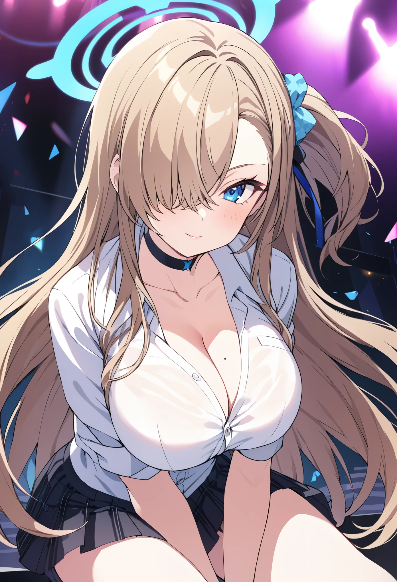 asuna ichinose, blonde hair, blue eyes, hair bow, hair ornament, hair over one eye, halo, long hair, mole, mole on breast, mechanical halo,,　Live Stage, Big Breasts, BREAK bow, choker, collarbone, dress shirt, hair scrunchie, miniskirt, , scrunchie, shirt, skirt,,　solo