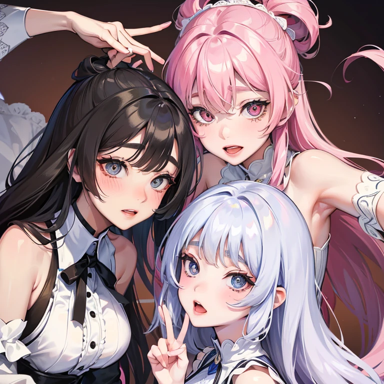 Ahegao Double Peace: A captivating image of two charming women donning Ahegao double peace facial expressions. Their delicate features are accentuated by the blush that spreads across their pale faces, showing their intense emotions. Their eyes, adorned with black pupils, are wide and filled with longing. They wear complementingwhite outfits, their hair cascading down their backs in luscious curls. Their expressions, a perfect blend of playful seduction and serene peace, are sure to leave you enchanted. The intricate details of their Ahegao designs, with their fine textures and ultra-detailled illustrations, add an extra layer of all