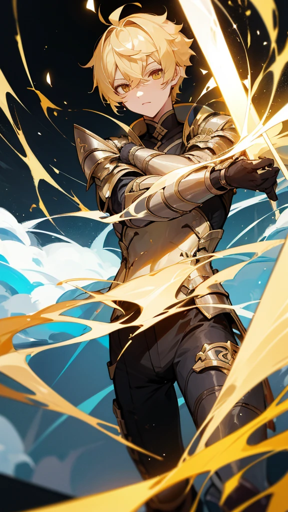 Aether from Genshin Impact. Blonde hair, short hair, golden eyes. 1boy. Combat armor.