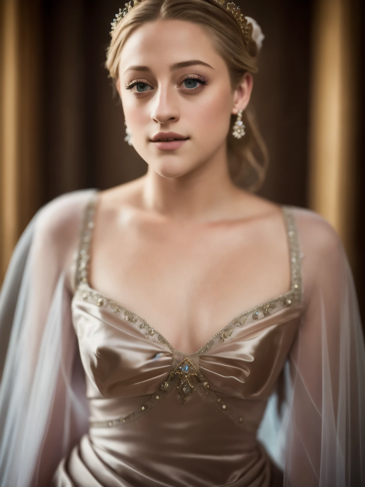 Looks like Lili Reinhart, photo of Eleanor of Aquitaine, highly detailed face, depth of field, moody light, atmospheric lighting, highly detailed, centered, extremely detailed, Nikon D850, award winning photography