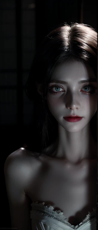 Corpse, sinister, woman, Thin, pale, Looking at the camera, Surreal, Very detailed, cemetery environment, Bright Eyes, White dress torn,Stained with blood, Bones exposed, rotten wound, Sensual, scary, Physical Injury, clavicle fracture, Smile, Ultra Detailed, Eye roll,Shot in the body, Magic Axe Hair,
