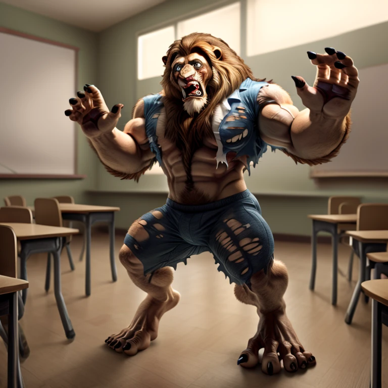 male, anthropomorphic, male, lion, lion tail, muscular, ripped clothes, handsome, ((human)), classroom, standing, surprised, looking at hand, (transforming), (human feet), (human hands), (mid transformation),