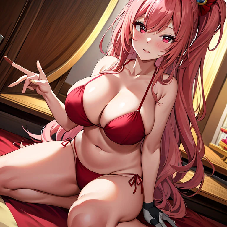 lacus4, (big breasts, beautiful girl, Ahegao Double Peace, red bikini, arm band, short gloves, masterpiece, seated, 4K, Best Quality, Anime style: 1.9, blushing, Adult Woman, ultra-detailed head, (intimate bedroom setting), Drawing lines, high resolution, lacus4), 1girl, solo, curvaceous figure, long wavy hair, clavicle, scapular, (Detailed wide hair bangs with red ribbons, Hair Ornament, Detailed rosy-pink hair with glossy highlights, slim arms, shimmering golden crest), generous cleavage, large