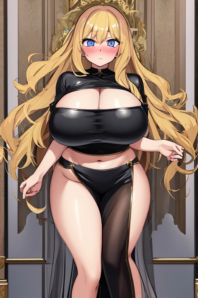 A woman with big ，(Gorgeous woman)，Gorgeous little dress，Long blond hair，Exquisite，(transparent)，(See-through clothes)，Showing belly，(Blush:1.2)，Slender legs，