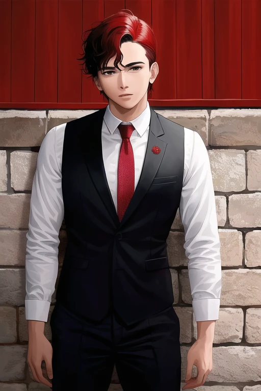 ((mejor calidad)), ((Obra maestra)), (detallado), cara perfecta
Chico cabello rojo, con traje color ????? y corbata roja