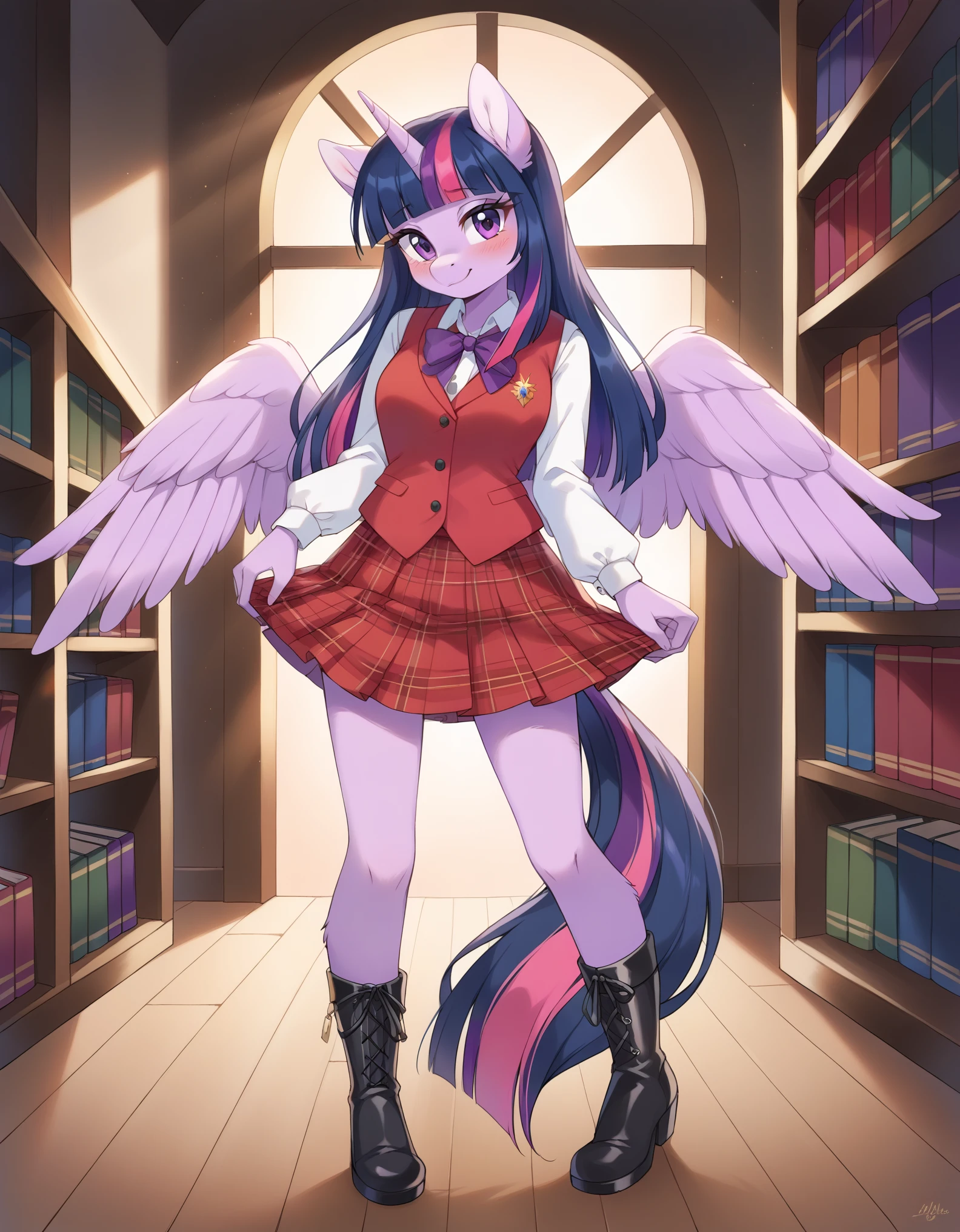 [twilight sparkle], ((masterpiece)), ((HD)), ((high res)), ((solo portrait)), ((full body)), ((front view)), ((feet visible)), ((furry; anthro horse)), ((detailed fur)), ((detailed shading)), ((beautiful render art)), {anthro female; (slim figure), light-purple fur, horse snout, (long purple hair pink highlights), (long purple tail pink highlights), (light-purple unicorn horn), (light-purple pegasus wings), (long eyelashes), (cute purple eyes), (small boobs), (curvy hips), (beautiful legs), (blushing), (cute smirk), (nervous expression)}, {(red vest), (long white sleeves), (red plaid skirt), (black boots)}, {(standing), (looking at viewer)}, [background; (library), (bookshelves), (window), (blue sky), (sun rays), (ambient lighting)]