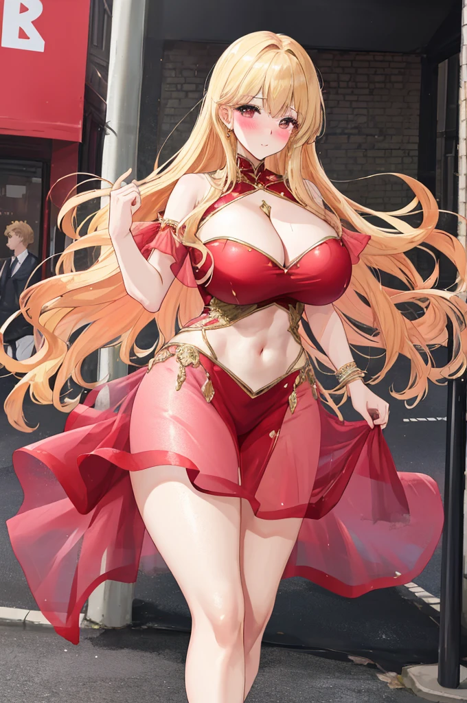 A woman with big ,(Gorgeous woman),Gorgeous red Rococo dance dress,Long blond hair,Exquisite,Protruding lower chest,(transparent),(See-through clothes),Showing belly,(Blush:1.2),Slender legs,On the streets of London,Dancing show,