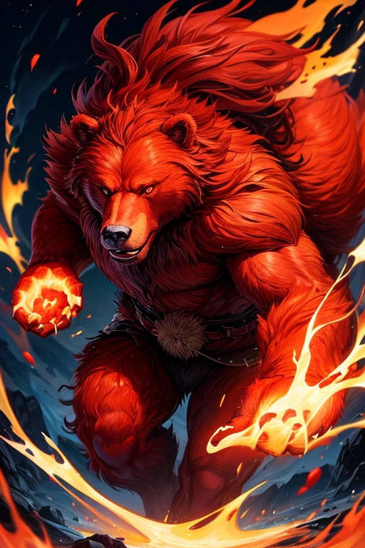  red bear giant quadruped animal with prayer breath runes on its red fur looking straight ahead with fiery eyes