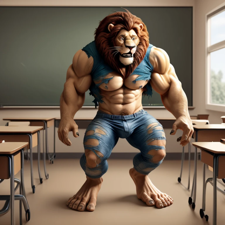 male, anthropomorphic, male, lion, lion tail, muscular, ripped clothes, handsome, ((human)), classroom, standing, surprised, looking at hand, (transforming), (human feet), (human hands), (mid transformation),