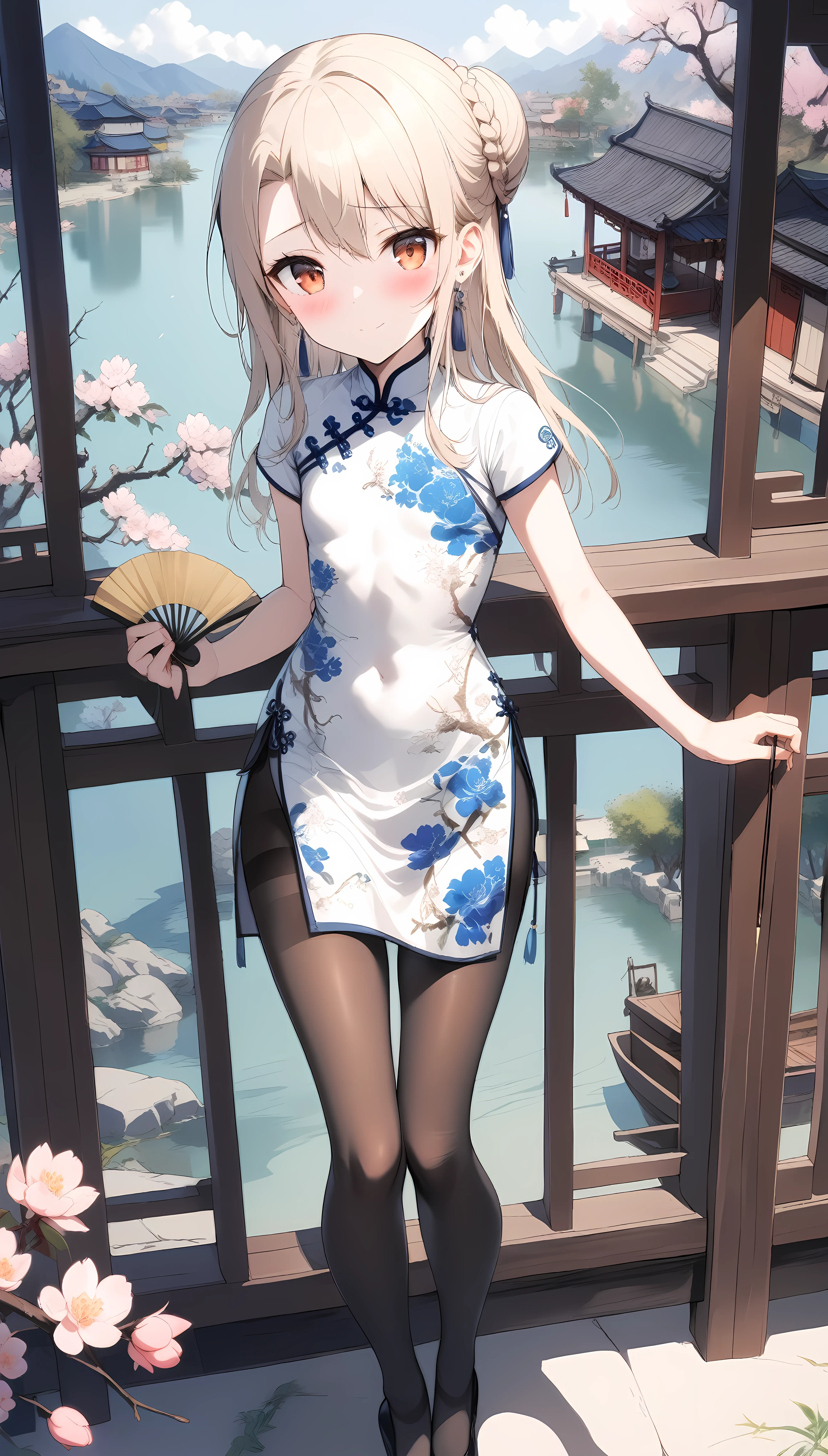 1girl,(illyasviel von einzbern),red_eyes,cream hair,(french braid),smile,blush,flower,beautiful detailed_background,small breasts,butterfly,((blue and white porcelain gorgeous qipao,china dress,chinese clothes,dress),gold trim,floral print,folding fan,spank skirt,jewelry,earrings,explicit,flower,general, hair_ornament,peach blossom,long_hair,looking_at_viewer,pantyhose,paper fan,print dress,solo,thighband pantyhose,questionable,sensitive,solo,tassel,tassel_earrings,(spring),Chinese style architecture, Chinese style, lake, ancient town, beautiful and meticulous water, (Fishing boat), pavilion,steam,Surrounding by falling peach blossoms petals,