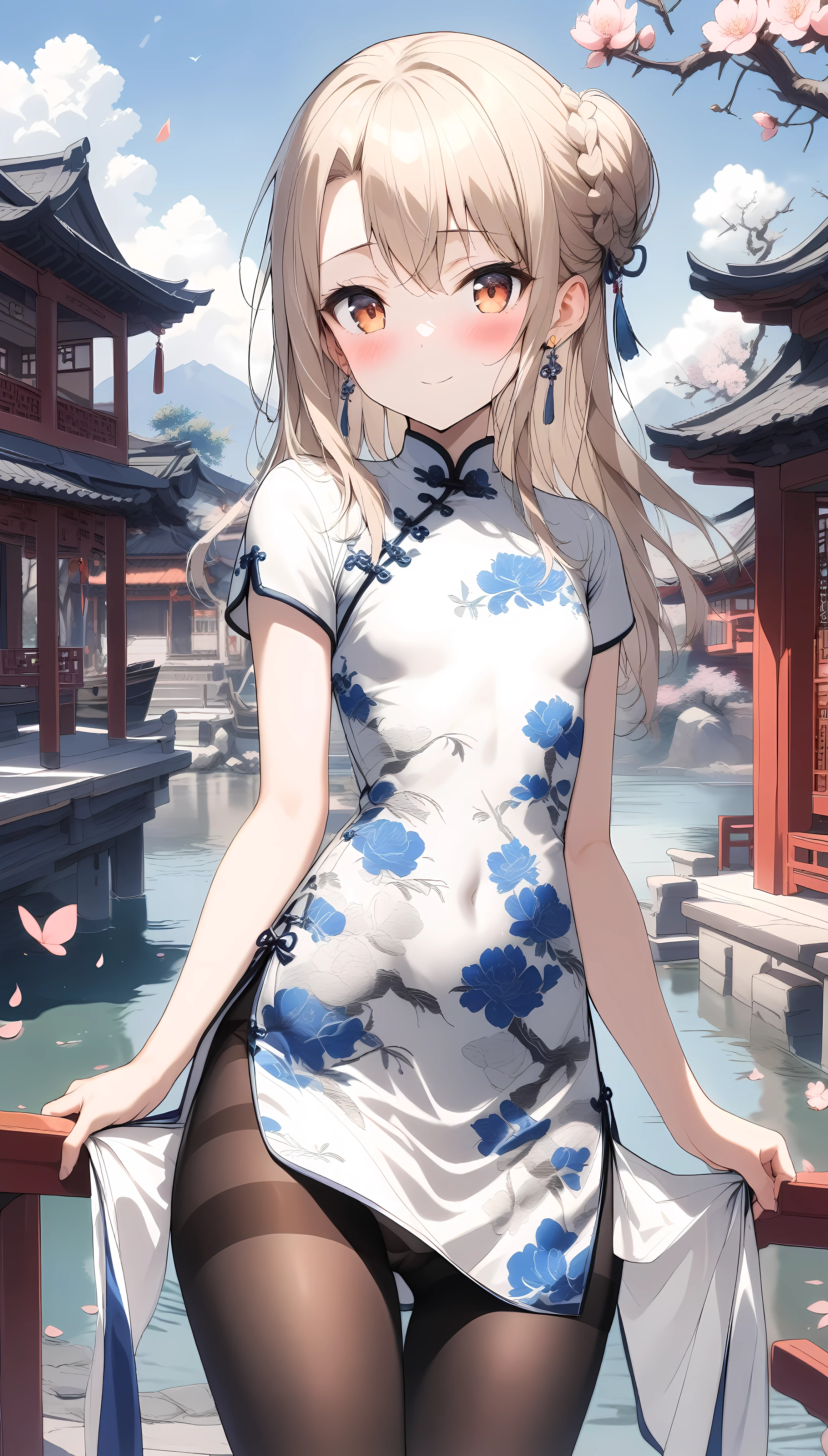 1girl,(illyasviel von einzbern),red_eyes,cream hair,(french braid),smile,blush,flower,beautiful detailed_background,small breasts,butterfly,((blue and white porcelain gorgeous qipao,china dress,chinese clothes,dress),gold trim,floral print,folding fan,spank skirt,jewelry,earrings,explicit,flower,general, hair_ornament,peach blossom,long_hair,looking_at_viewer,pantyhose,paper fan,print dress,solo,thighband pantyhose,questionable,sensitive,solo,tassel,tassel_earrings,(spring),Chinese style architecture, Chinese style, lake, ancient town, beautiful and meticulous water, (Fishing boat), pavilion,steam,Surrounding by falling peach blossoms petals,