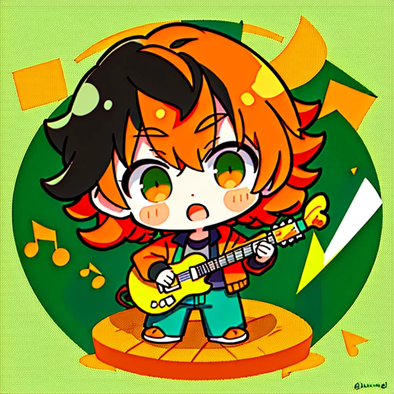 masterpiece, 1boy, dark orange hair, green eyes, black headphones, orange jacket, middle school age, immature, orange shoes, blue pants, black hand bands, white shirt, chibi, holding guitar, guitar, music