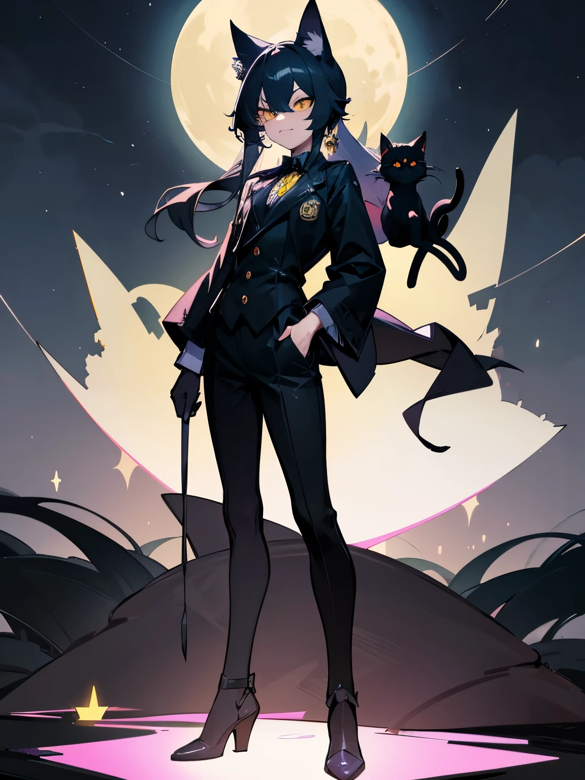 cartoon of two cats in cool positions standing together looking at the camera, black cats, ddlc, in the art style of graypillow artist, animated cats, lofi cats, beautiful background outside, background at night with stars and a white moon, fairy lights, beautiful background in a dark spooky abandoned garden with fairy lights at night, two black cute cats, two black cats looking serious, frowning yellow eyes, frowning black cats, beautiful faces, two black cats, don't extra paws, NO extra paws, generate two black cats with NO extra paws, NO extra arm, pretty faces, two cute pretty black cats with amazing smile, the two black cats has a pretty smile, slim, two black slim cats with yellow eyes, two slim black cats with sinister yellow eyes and beautiful smiles, Auf dem Boden sitzen zwei schwarze Katzen, Kriegerkatzen fan art, Katze aus der Leere, Kriegerkatzen, Charakter anpassbar, der dunkle Gott der Katzen, detailliertes Fanart, Full body customizable, ashfur from Kriegerkatzen, Referenzblatt, Lokis Lieblingsprojekt, mit leuchtenden Augen, hochwertiges Fanart, Referenzkunst, Konzeptkunst!!