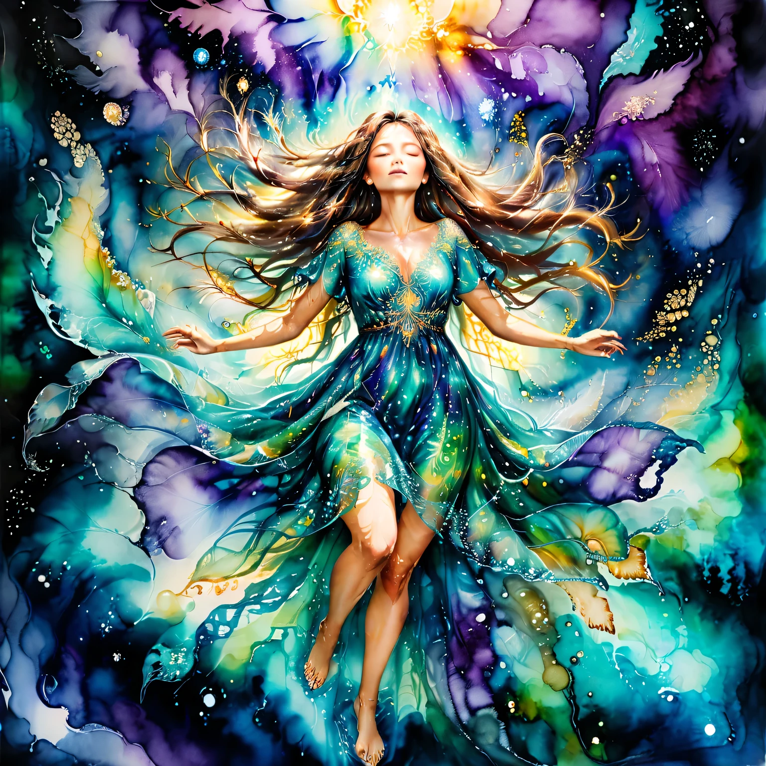 (The art of alcohol ink), At night astral souls come out of physical bodies and intertwine in a wonderful dance of pure gaping energy and rays of astral light against the background of a deep and incomprehensible astral, a fascinating sight, the picture is made with alcohol ink,