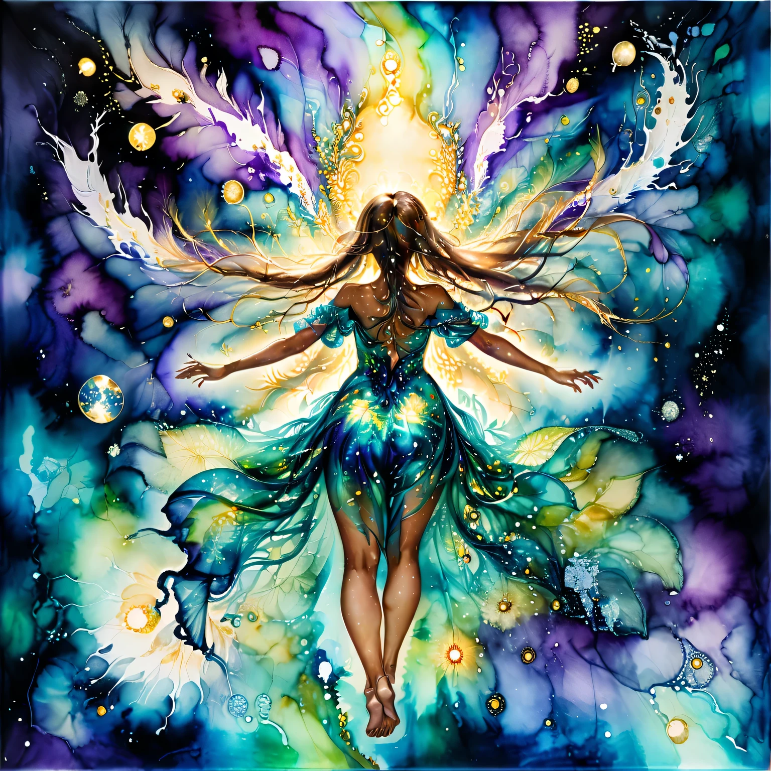 (The art of alcohol ink), At night astral souls come out of physical bodies and intertwine in a wonderful dance of pure gaping energy and rays of astral light against the background of a deep and incomprehensible astral, a fascinating sight, the picture is made with alcohol ink,